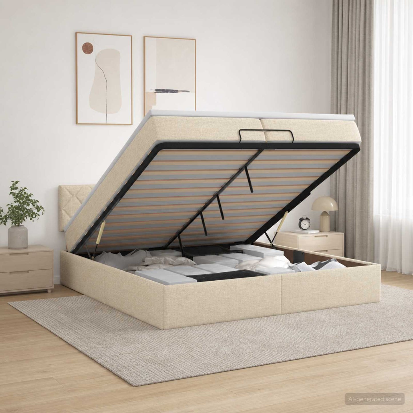 vidaXL Κρεβάτι Ottoman με στρώμα με κεφαλάρι Κρεμ 200 x 200 cm Ύφασμα