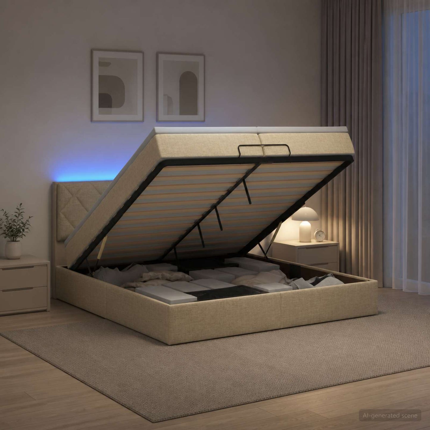 vidaXL Κρεβάτι Ottoman με Στρώμα και LED Κρεμ 200 x 200 cm Ύφασμα