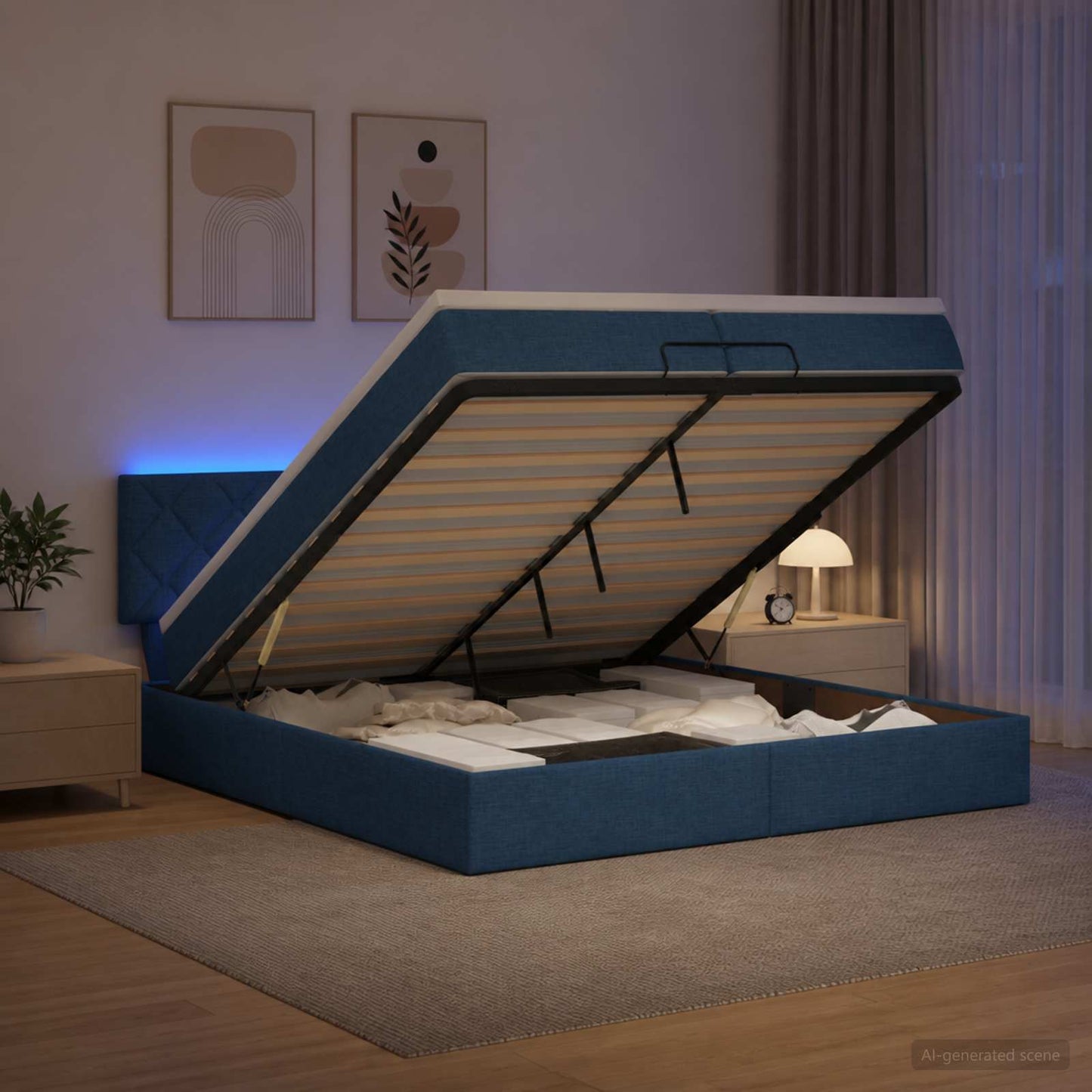 vidaXL Κρεβάτι Ottoman με Στρώμα και LED Μπλε 200 x 200 cm Ύφασμα