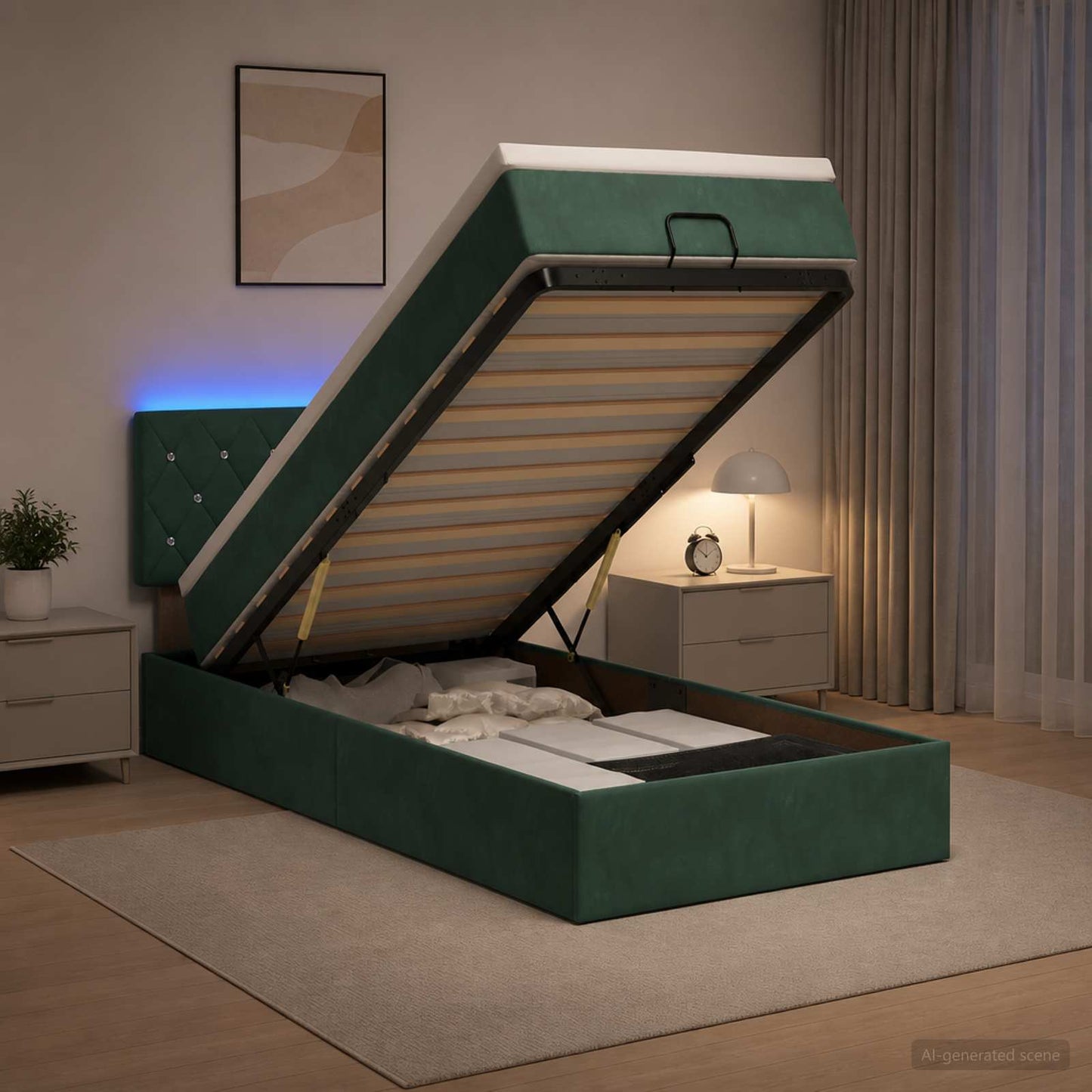 vidaXL Κρεβάτι Ottoman με Στρώμα και LED Σκούρο Πράσινο 90 x 190 cm