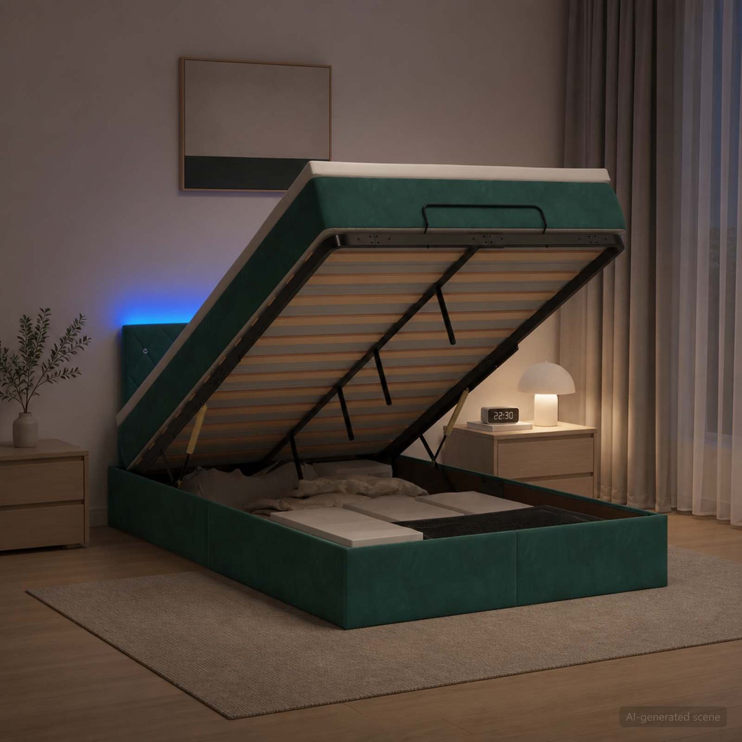 vidaXL Κρεβάτι Ottoman με Στρώμα και LED Σκούρο Πράσινο 120 x 200 cm