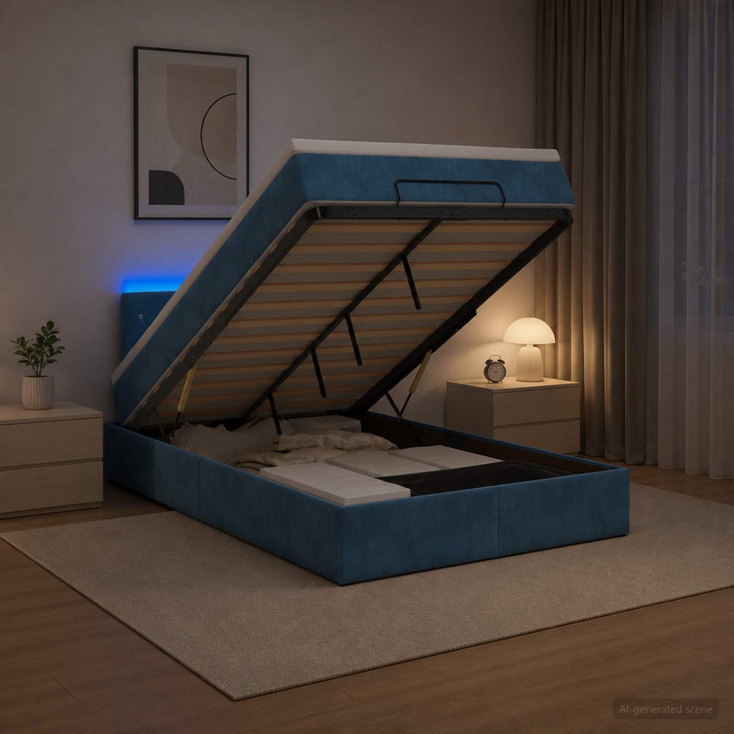 vidaXL Κρεβάτι Ottoman με Στρώμα και LED Σκούρο Μπλε 120 x 200 cm