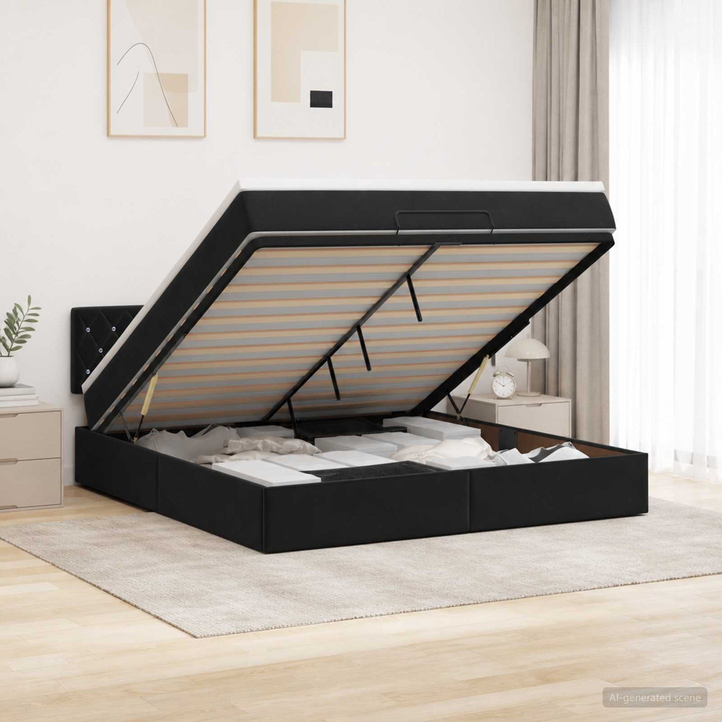 vidaXL Κρεβάτι Ottoman με Στρώμα και LED Μαύρο 160 x 200 cm Βελούδο