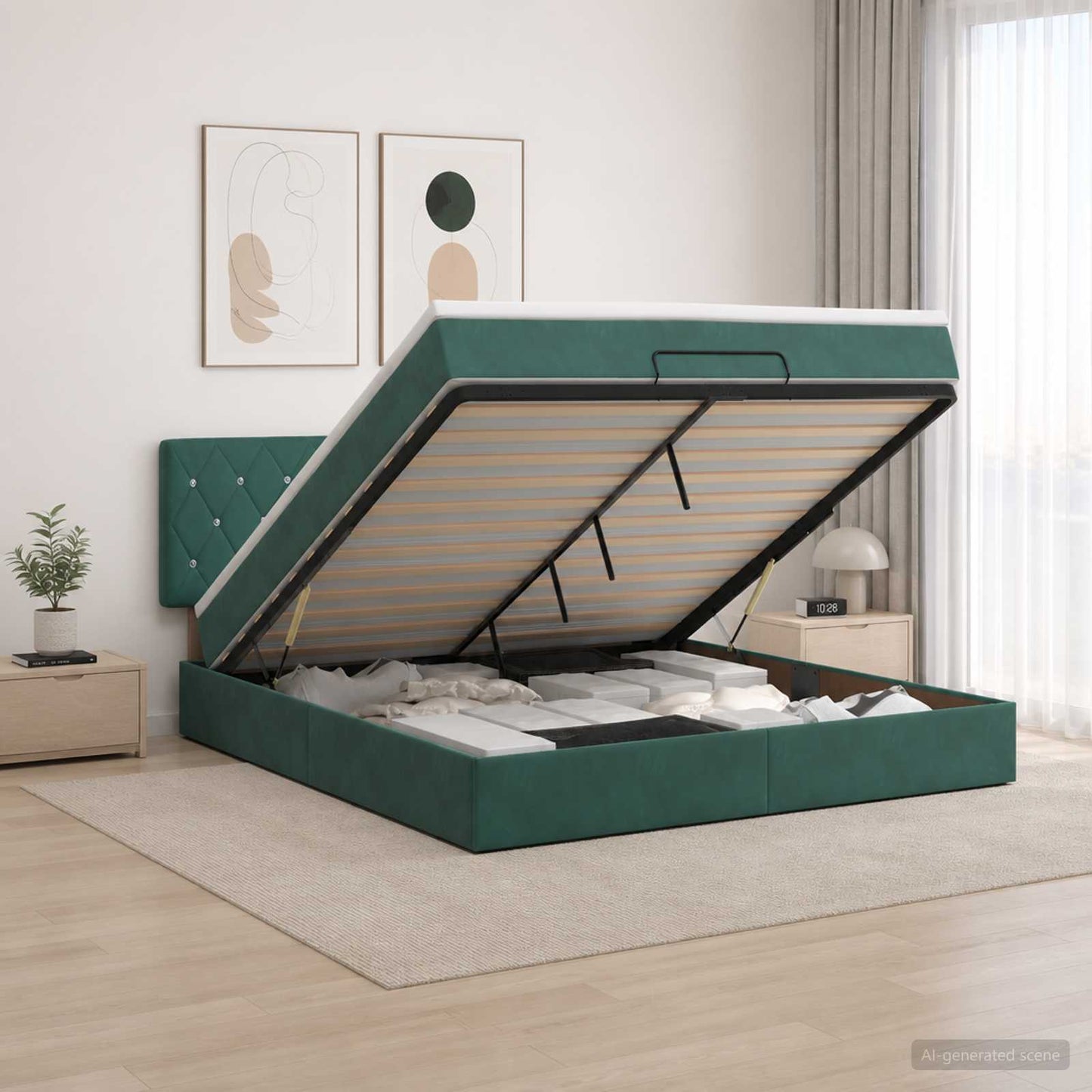 vidaXL Κρεβάτι Ottoman με Στρώμα και LED Σκούρο Πράσινο 140 x 200 cm