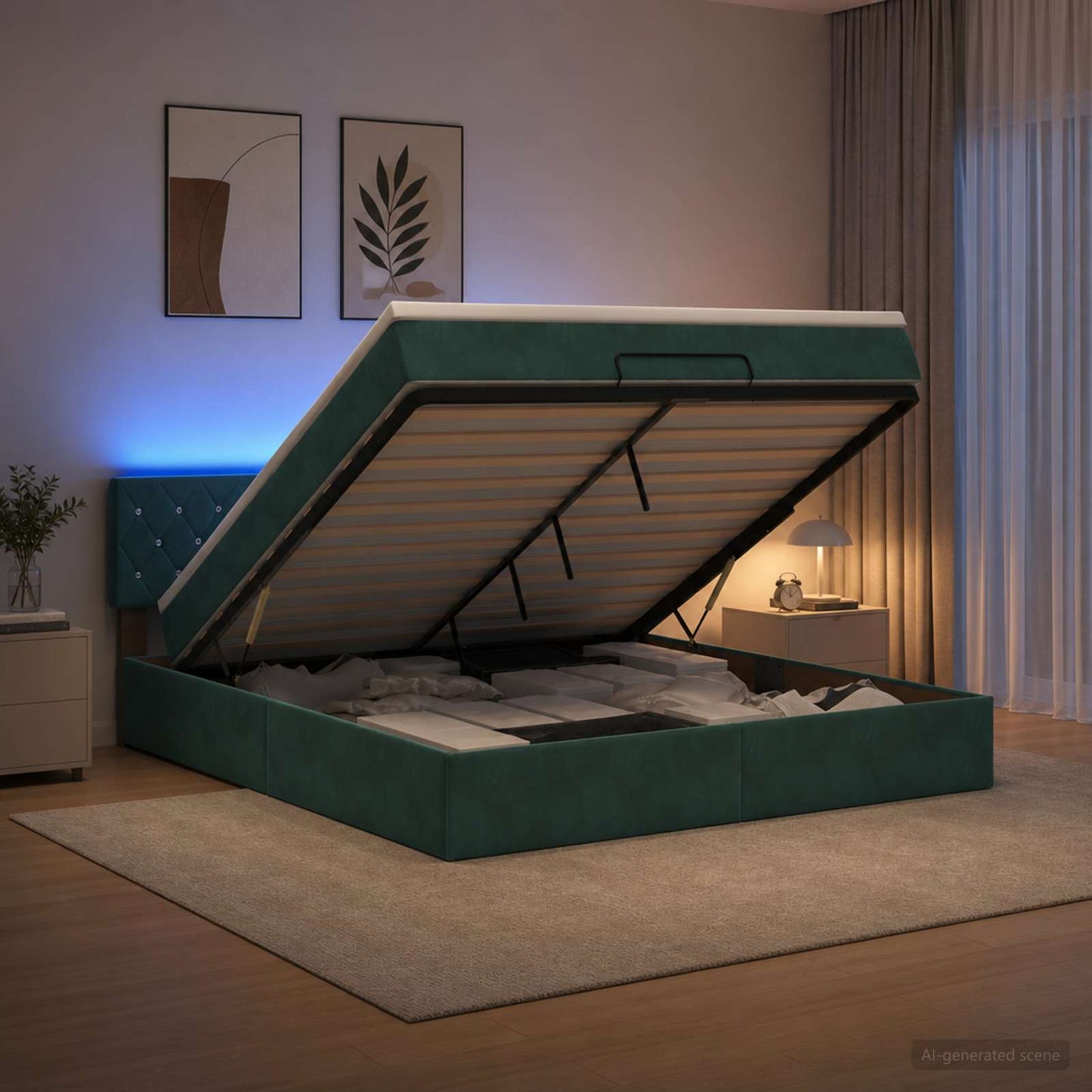 vidaXL Κρεβάτι Ottoman με Στρώμα και LED Σκούρο Πράσινο 140 x 200 cm