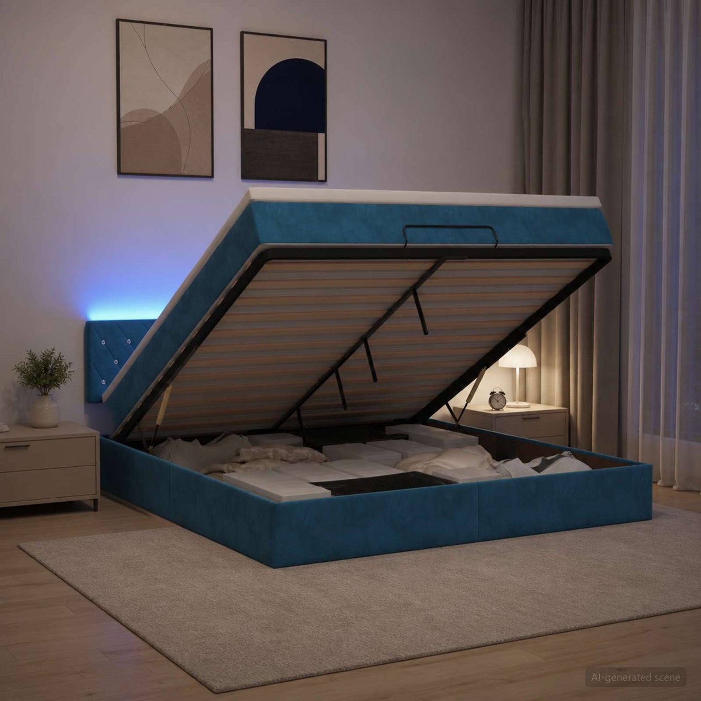 vidaXL Κρεβάτι Ottoman με Στρώμα και LED Σκούρο Μπλε 140 x 200 cm