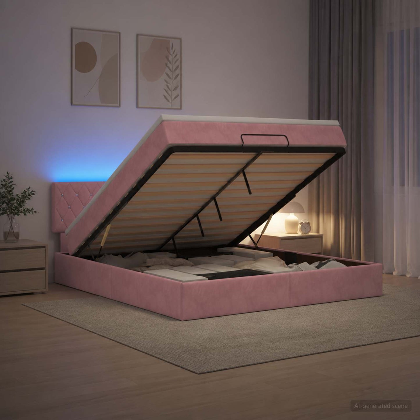 vidaXL Κρεβάτι Ottoman με Στρώμα και LED Ροζ 160 x 200 cm Βελούδο