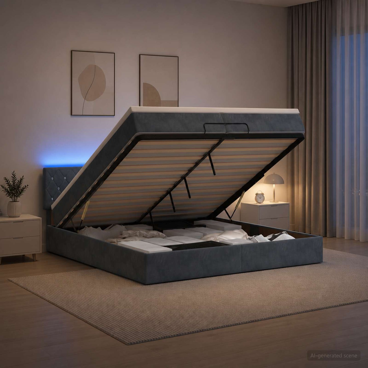 vidaXL Κρεβάτι Ottoman με Στρώμα και LED Σκούρο Γκρι 200 x 200 cm