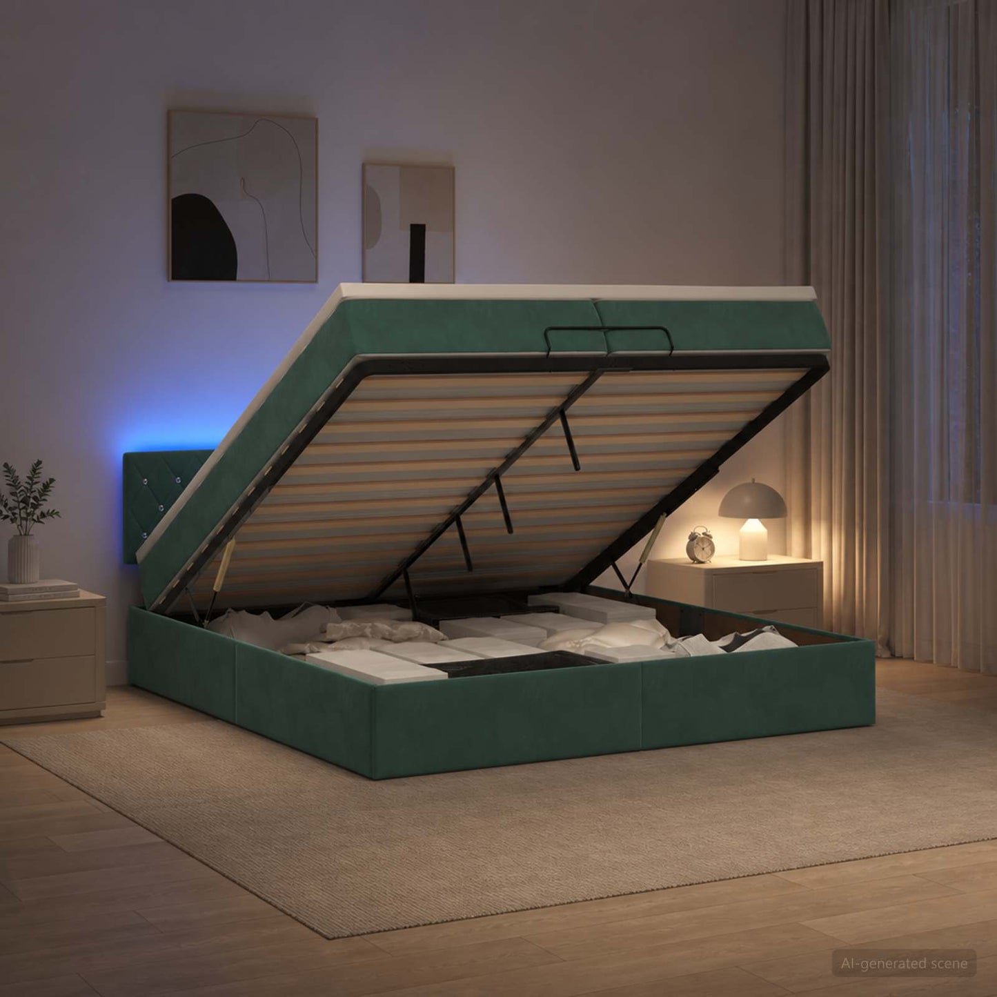 vidaXL Κρεβάτι Ottoman με Στρώμα και LED Σκούρο Πράσινο 200 x 200 cm
