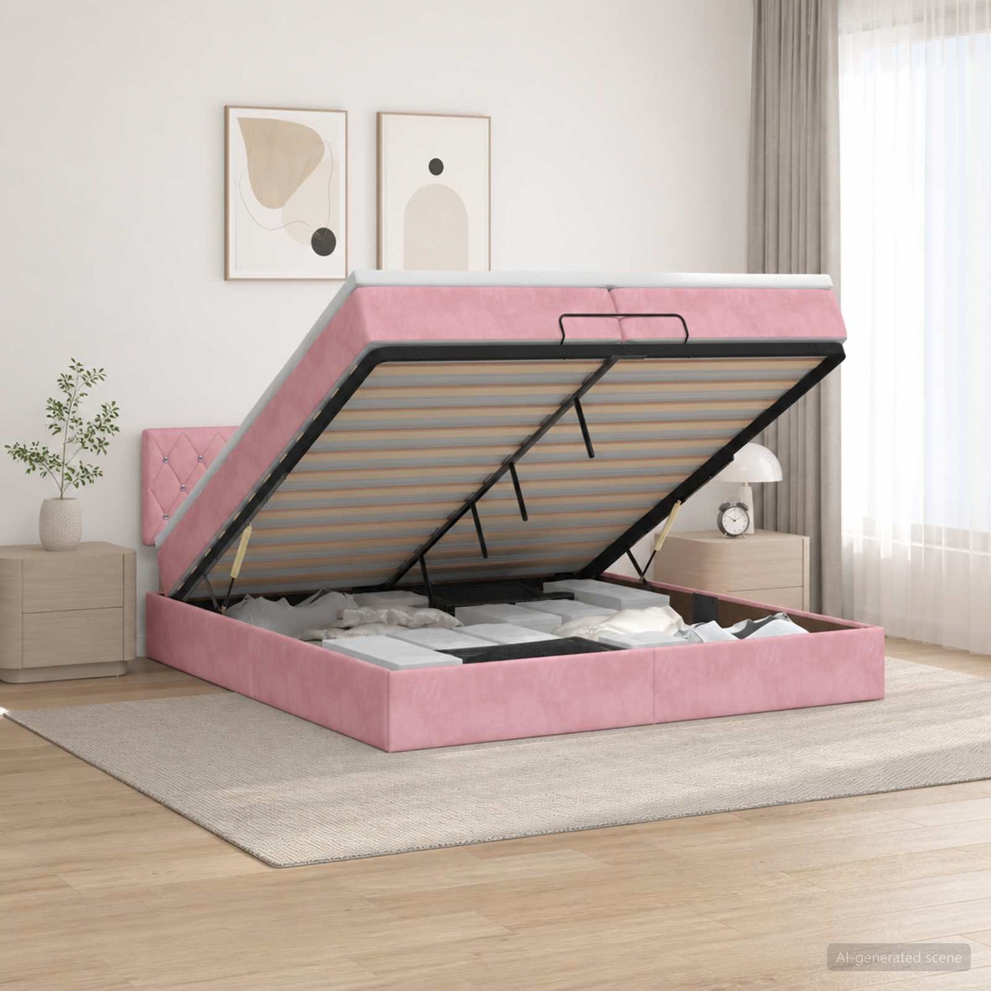 vidaXL Κρεβάτι Ottoman με Στρώμα και LED Ροζ 200 x 200 cm Βελούδο