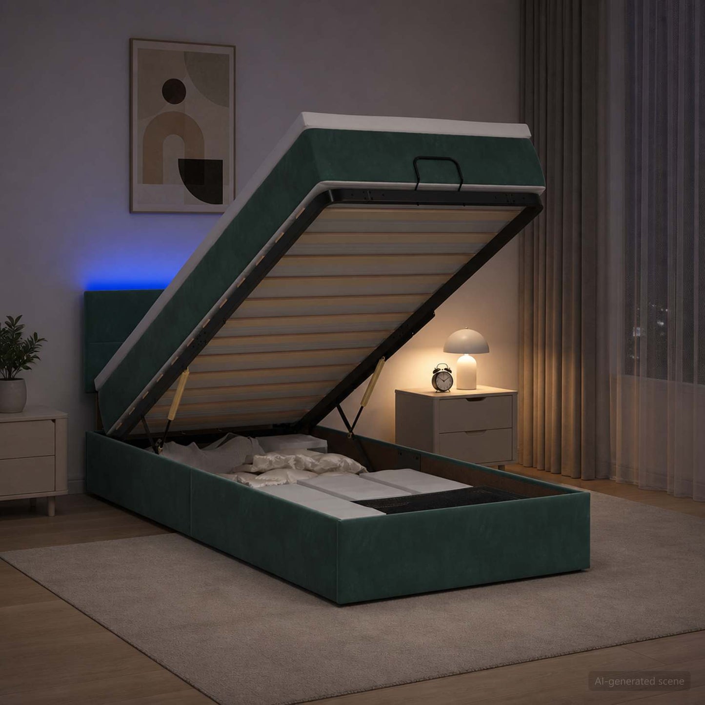 vidaXL Κρεβάτι Ottoman με Στρώμα και LED Σκούρο Πράσινο 90 x 190 cm