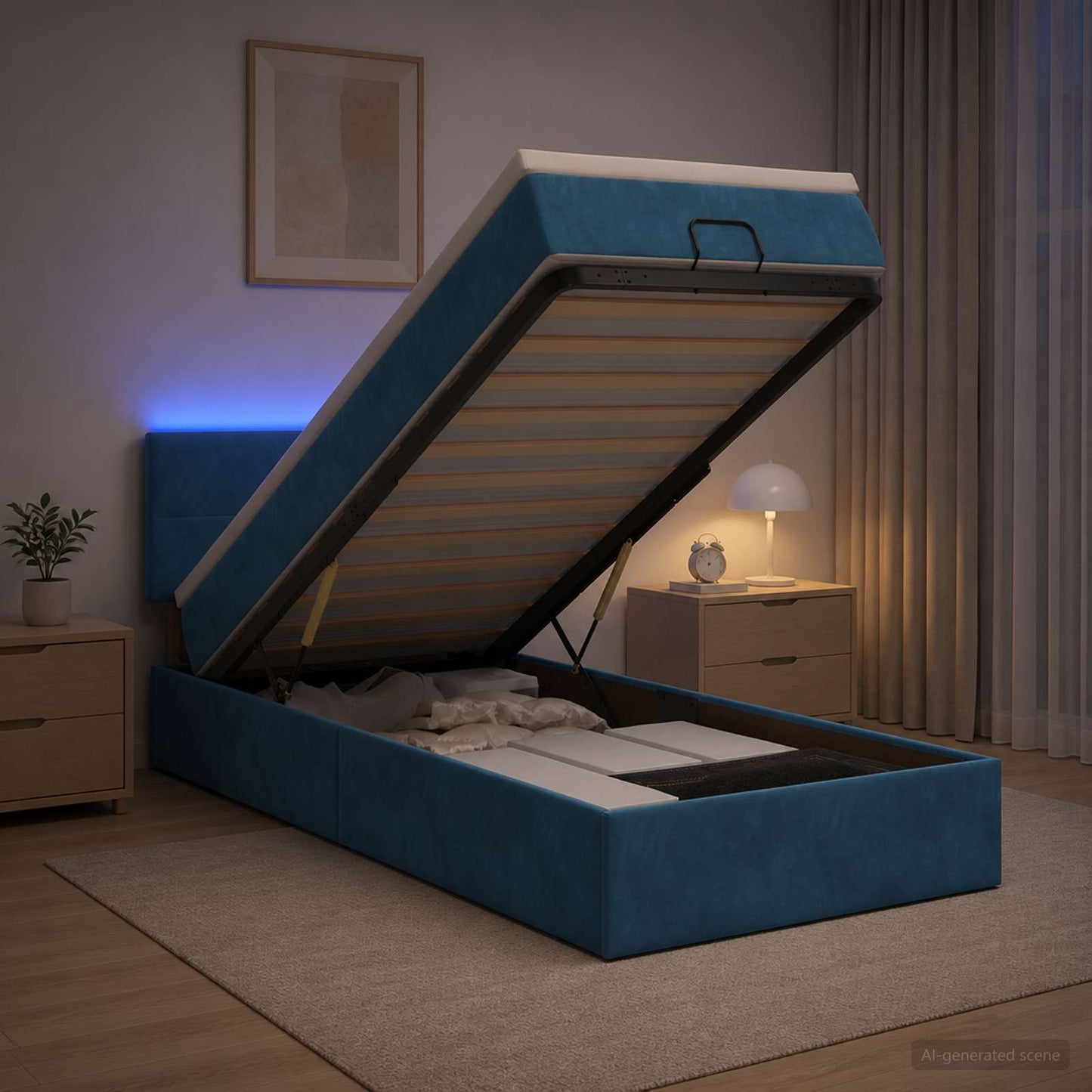 vidaXL Κρεβάτι Ottoman με Στρώμα και LED Σκούρο Μπλε 90 x 190 cm
