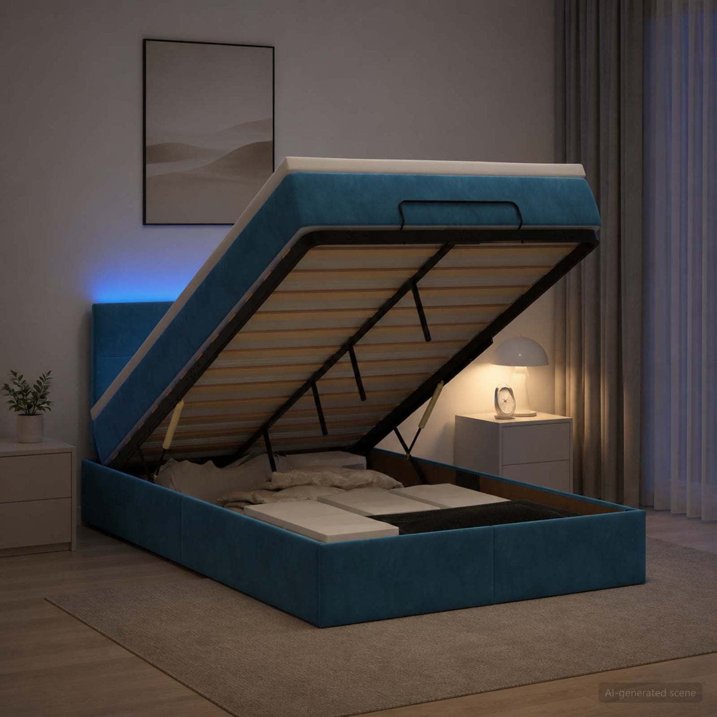 vidaXL Κρεβάτι Ottoman με Στρώμα και LED Σκούρο Μπλε 120 x 190 cm