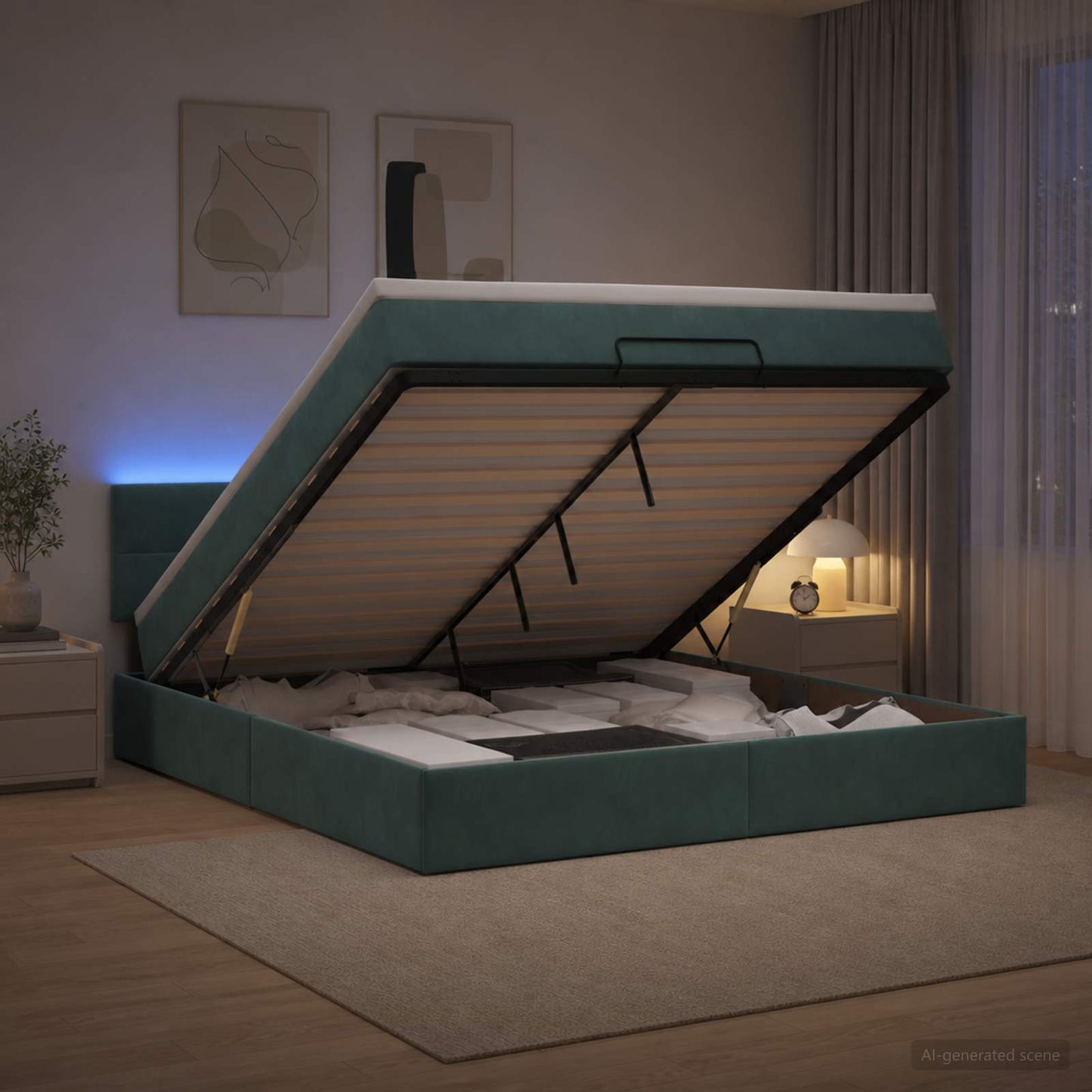 vidaXL Κρεβάτι Ottoman με Στρώμα και LED Σκούρο Πράσινο 140 x 200 cm