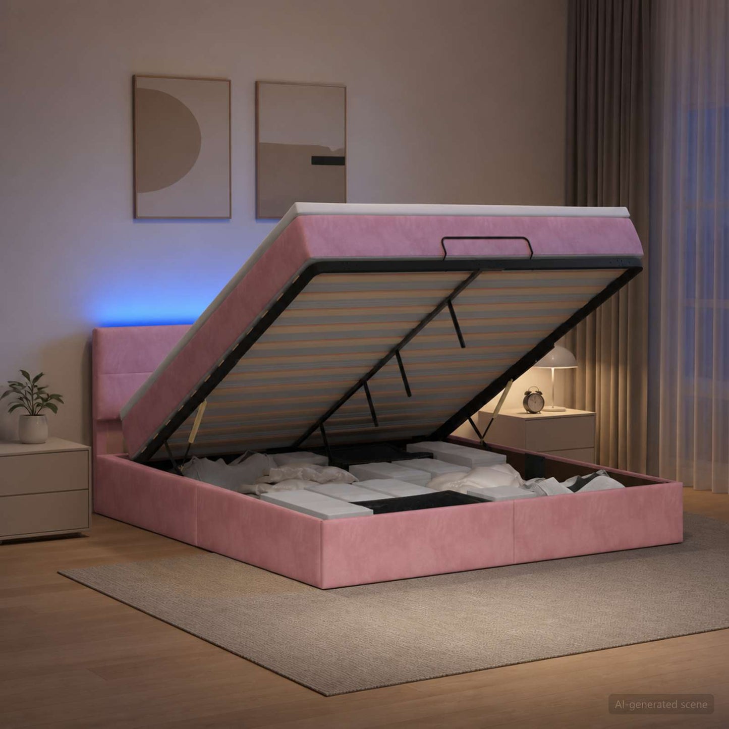 vidaXL Κρεβάτι Ottoman με Στρώμα και LED Ροζ 140 x 190 cm Βελούδο