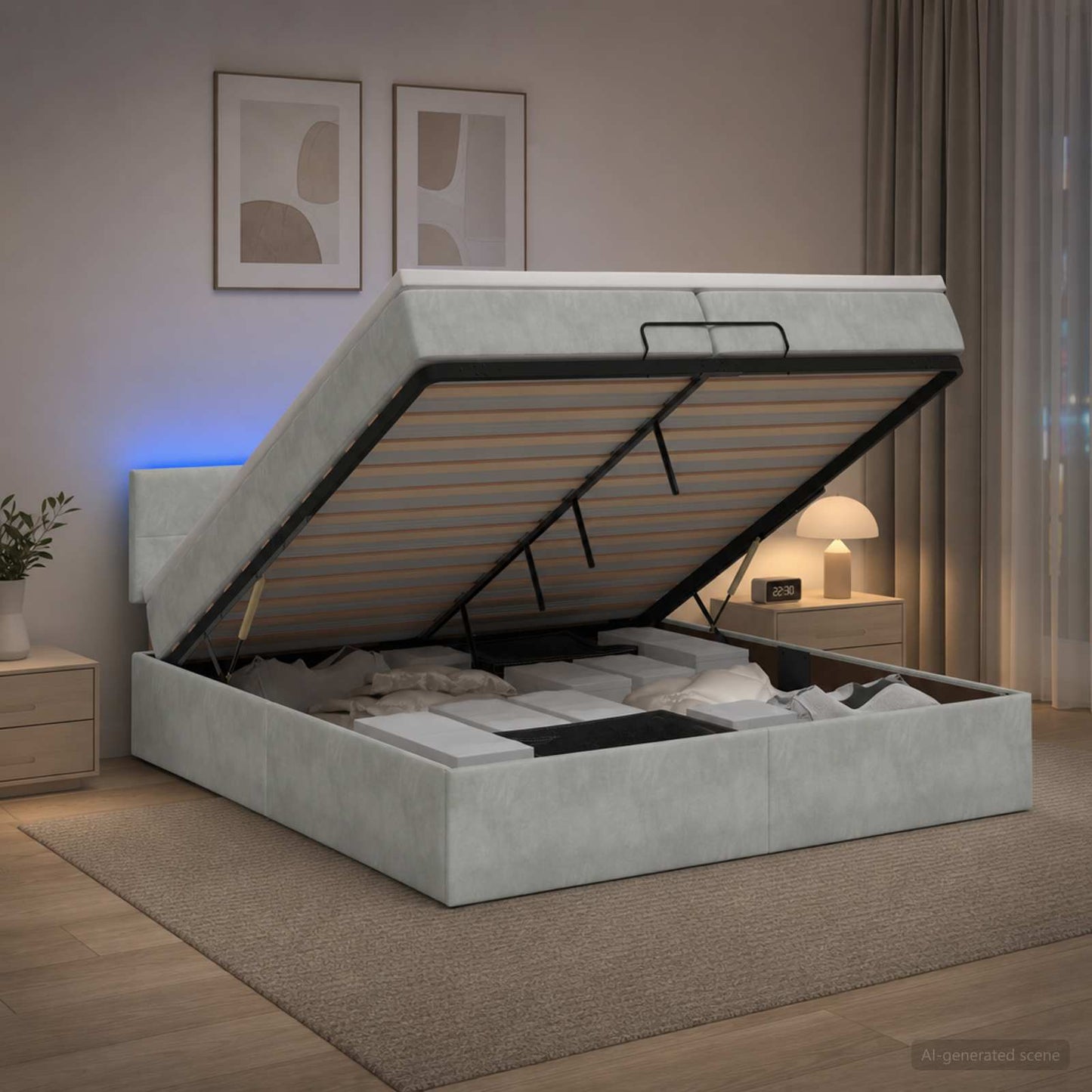 vidaXL Κρεβάτι Ottoman με Στρώμα και LED Ανοιχτό γκρι 200 x 200 cm