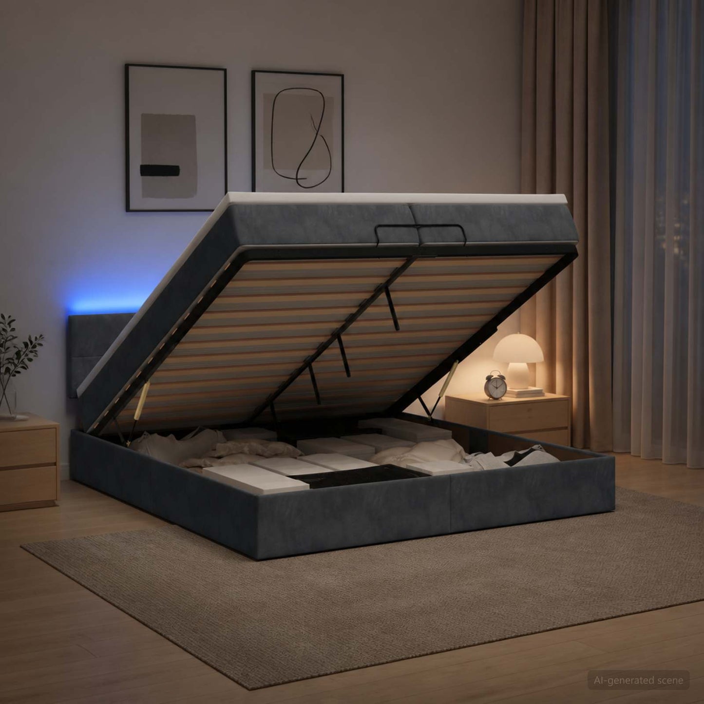 vidaXL Κρεβάτι Ottoman με Στρώμα και LED Σκούρο Γκρι 200 x 200 cm