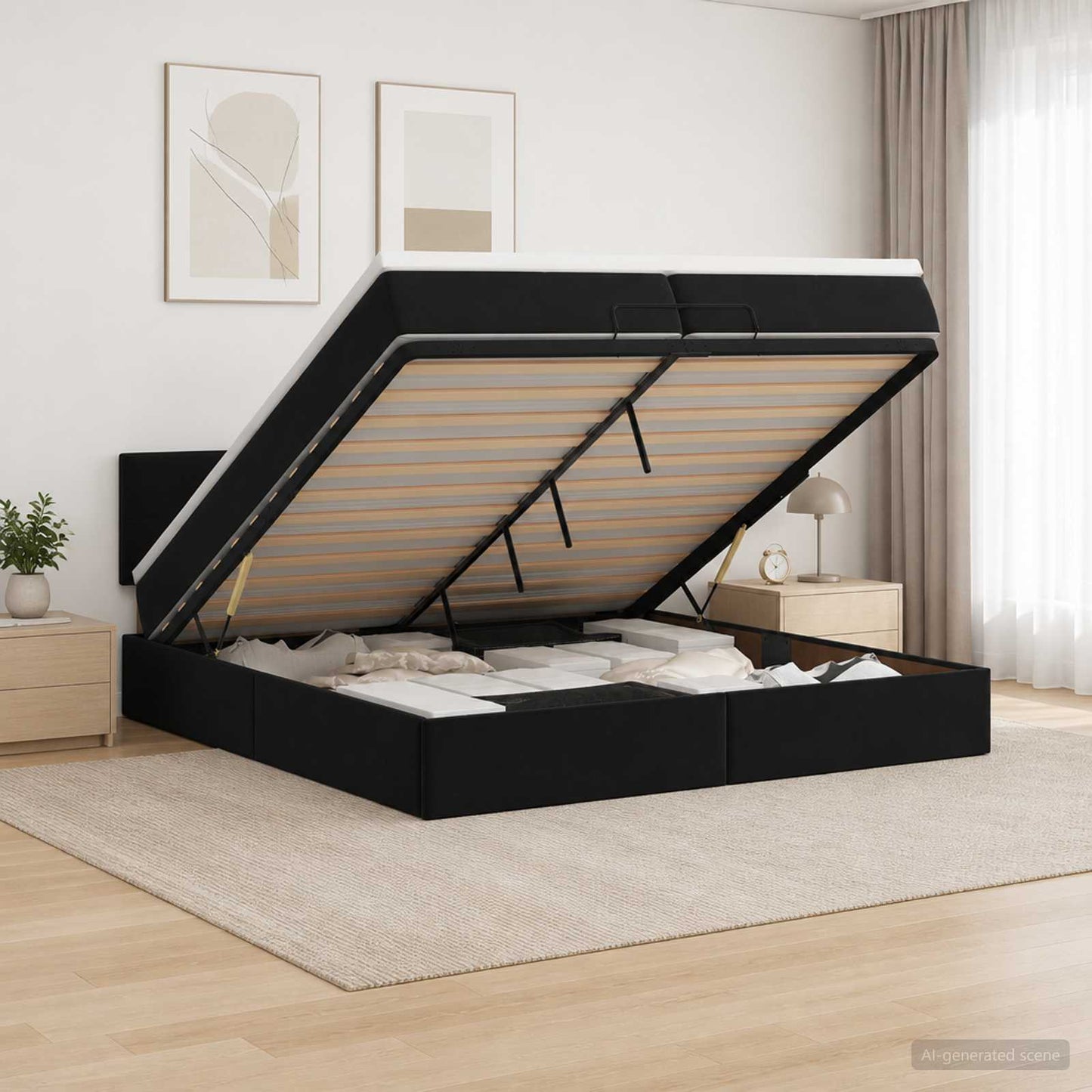 vidaXL Κρεβάτι Ottoman με Στρώμα και LED Μαύρο 200 x 200 cm Βελούδο