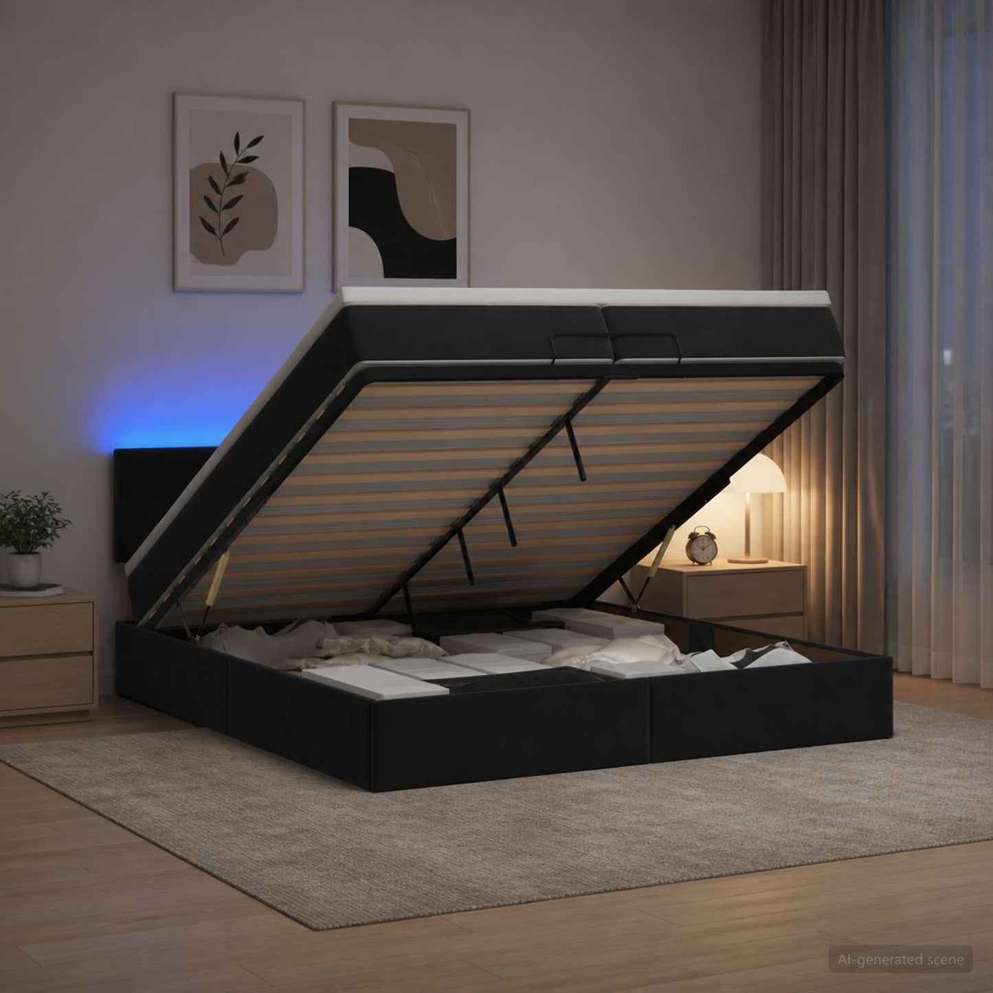 vidaXL Κρεβάτι Ottoman με Στρώμα και LED Μαύρο 200 x 200 cm Βελούδο