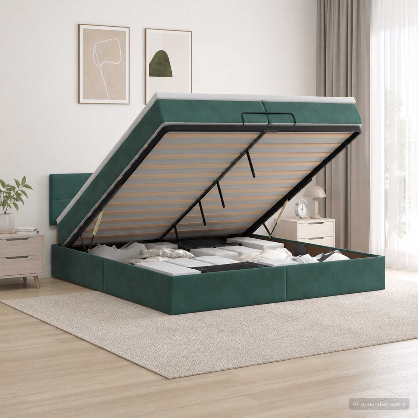 vidaXL Κρεβάτι Ottoman με Στρώμα και LED Σκούρο Πράσινο 200 x 200 cm