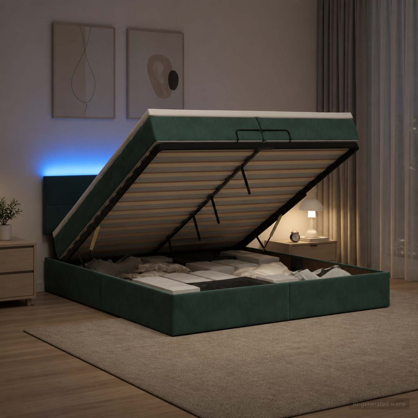 vidaXL Κρεβάτι Ottoman με Στρώμα και LED Σκούρο Πράσινο 200 x 200 cm
