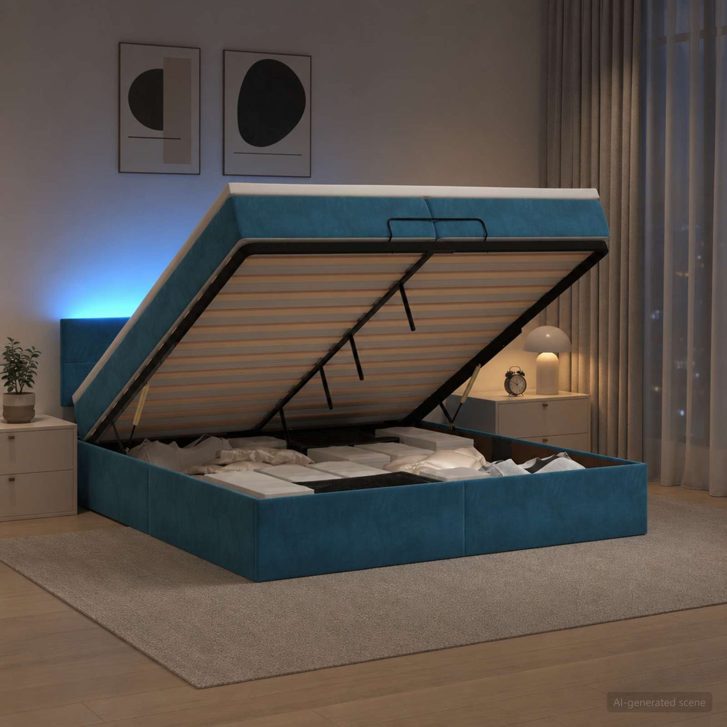 vidaXL Κρεβάτι Ottoman με Στρώμα και LED Σκούρο Μπλε 200 x 200 cm