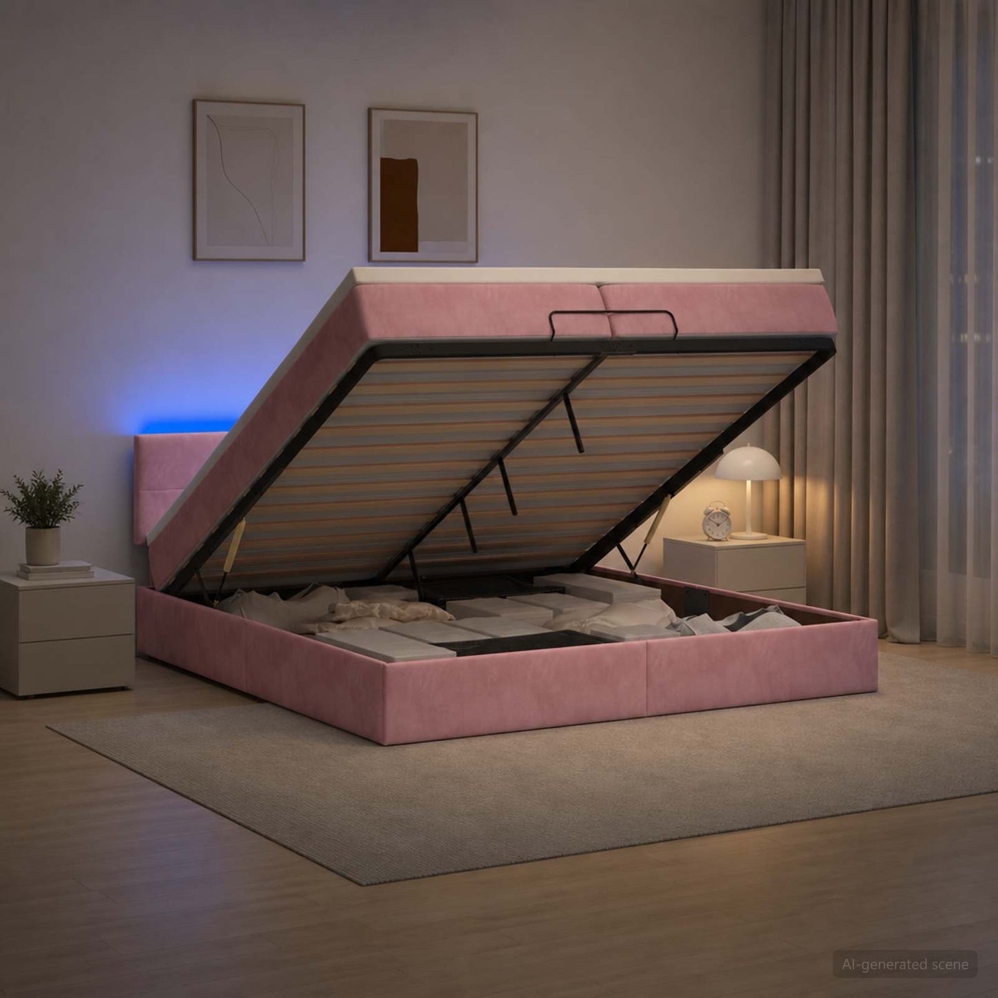 vidaXL Κρεβάτι Ottoman με Στρώμα και LED Ροζ 200 x 200 cm Βελούδο