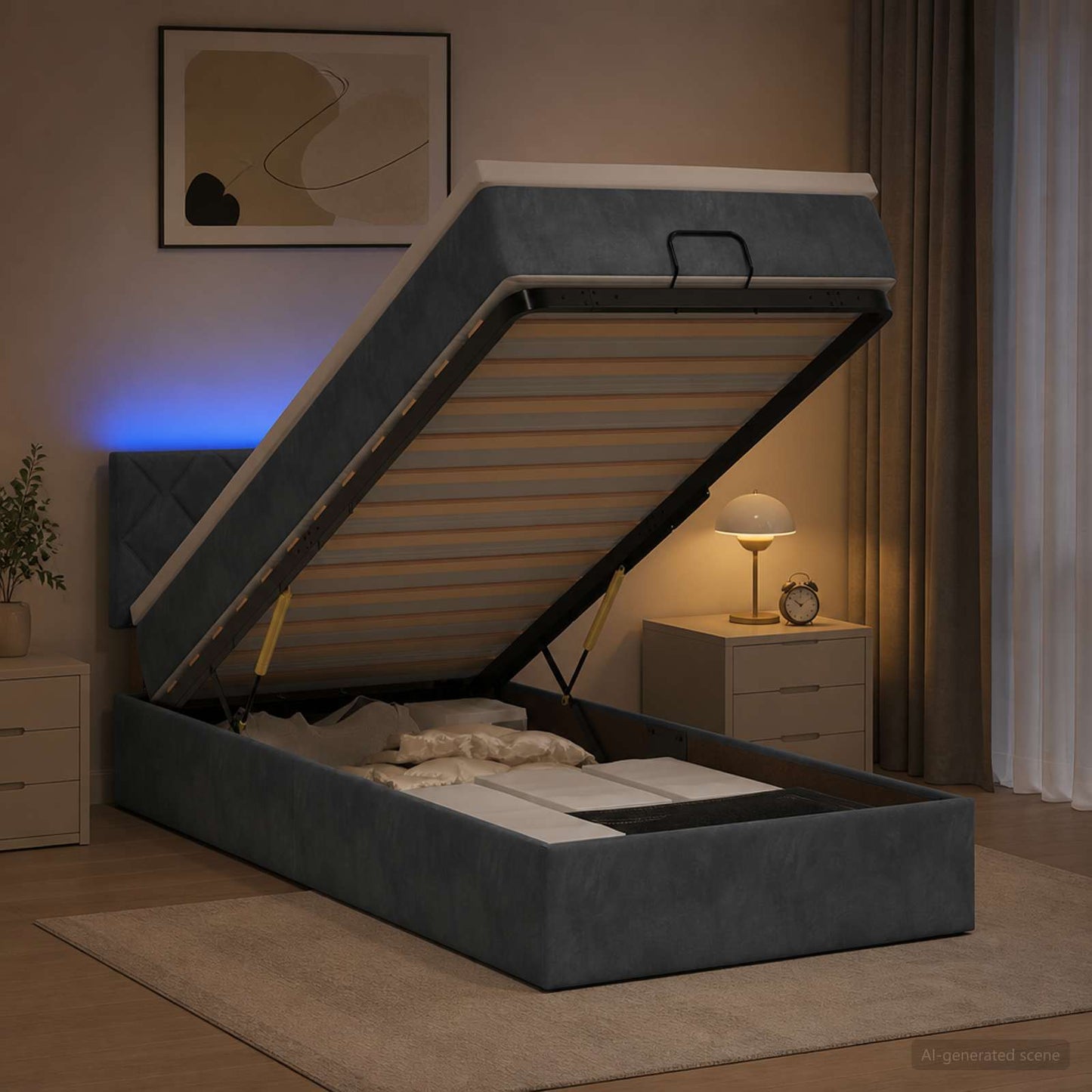 vidaXL Κρεβάτι Ottoman με Στρώμα και LED Σκούρο Γκρι 90 x 190 cm