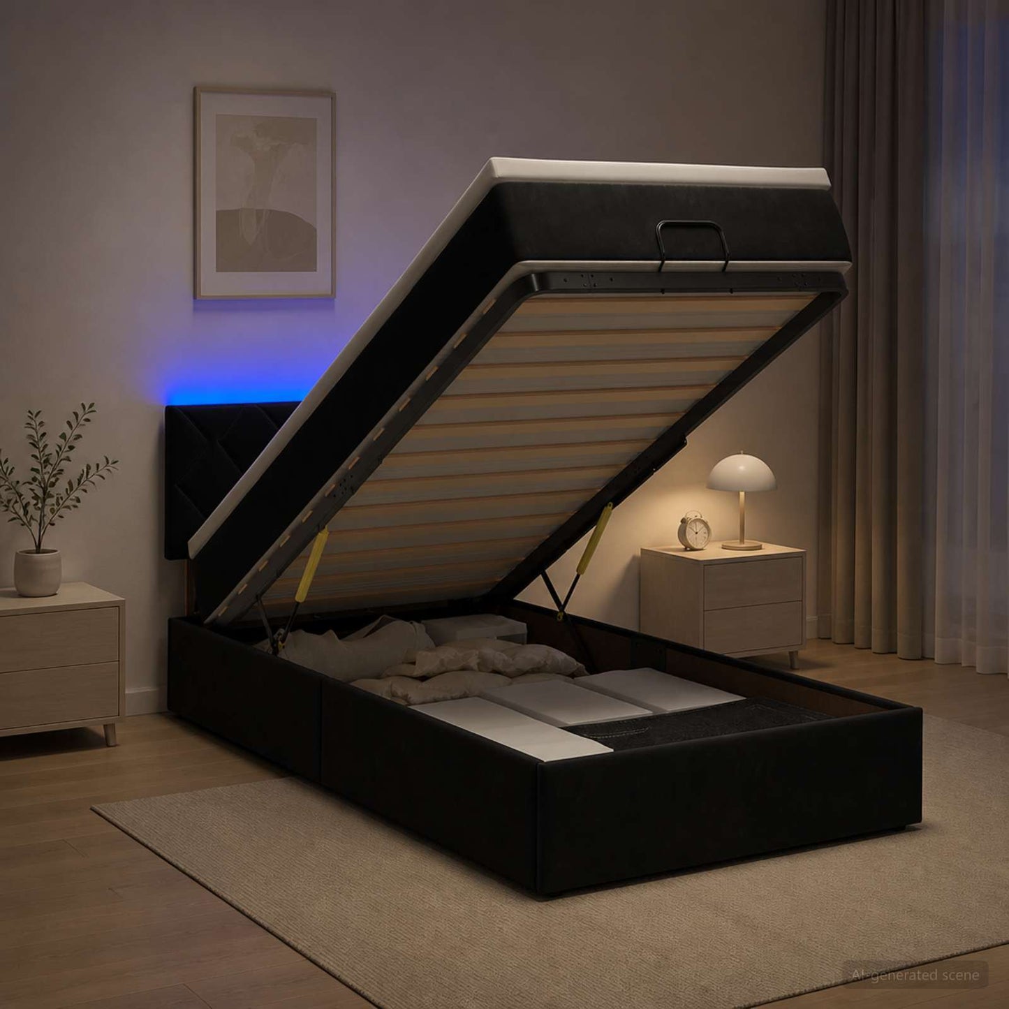 vidaXL Κρεβάτι Ottoman με Στρώμα και LED Μαύρο 90 x 200 cm Βελούδο