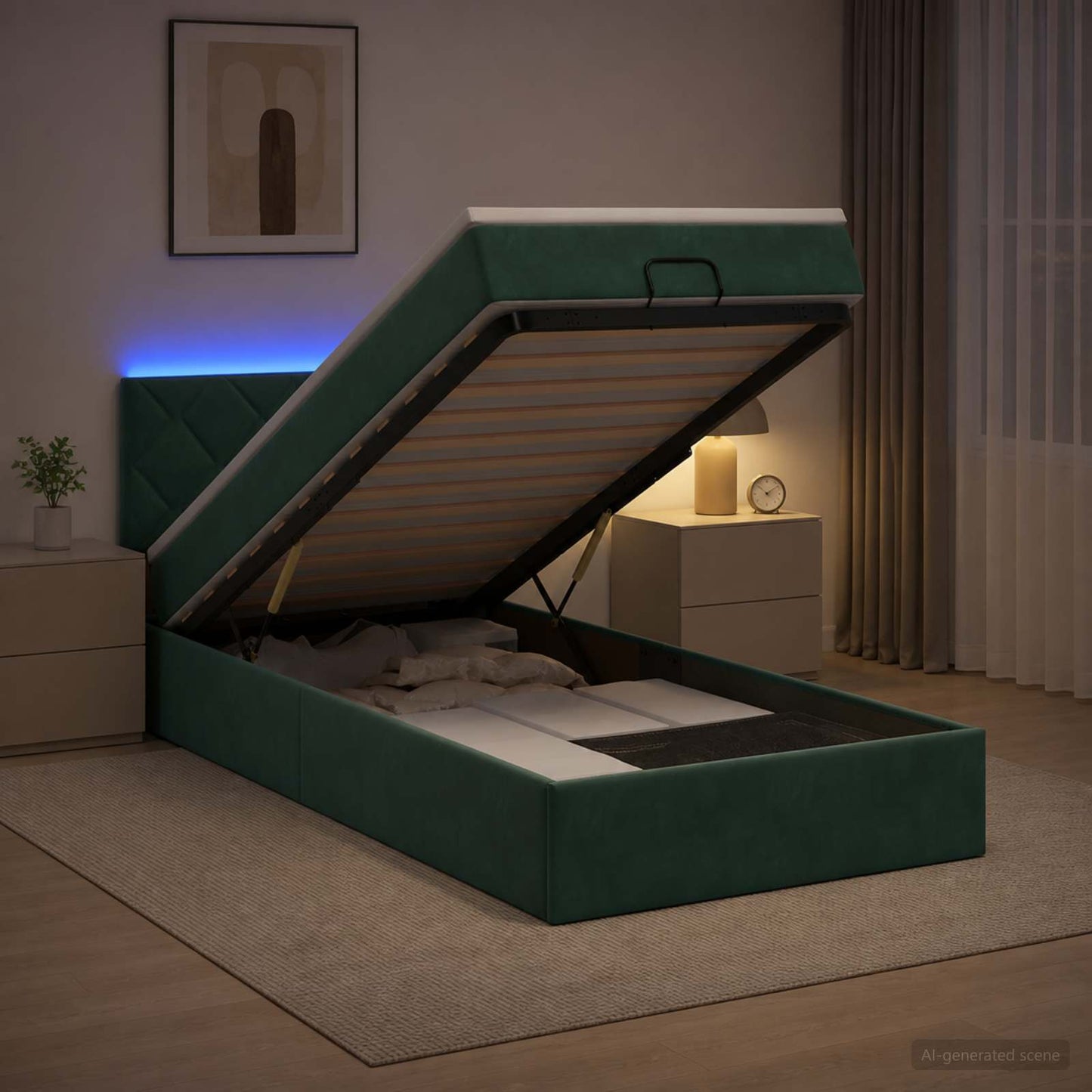 vidaXL Κρεβάτι Ottoman με Στρώμα και LED Σκούρο Πράσινο 90 x 200 cm