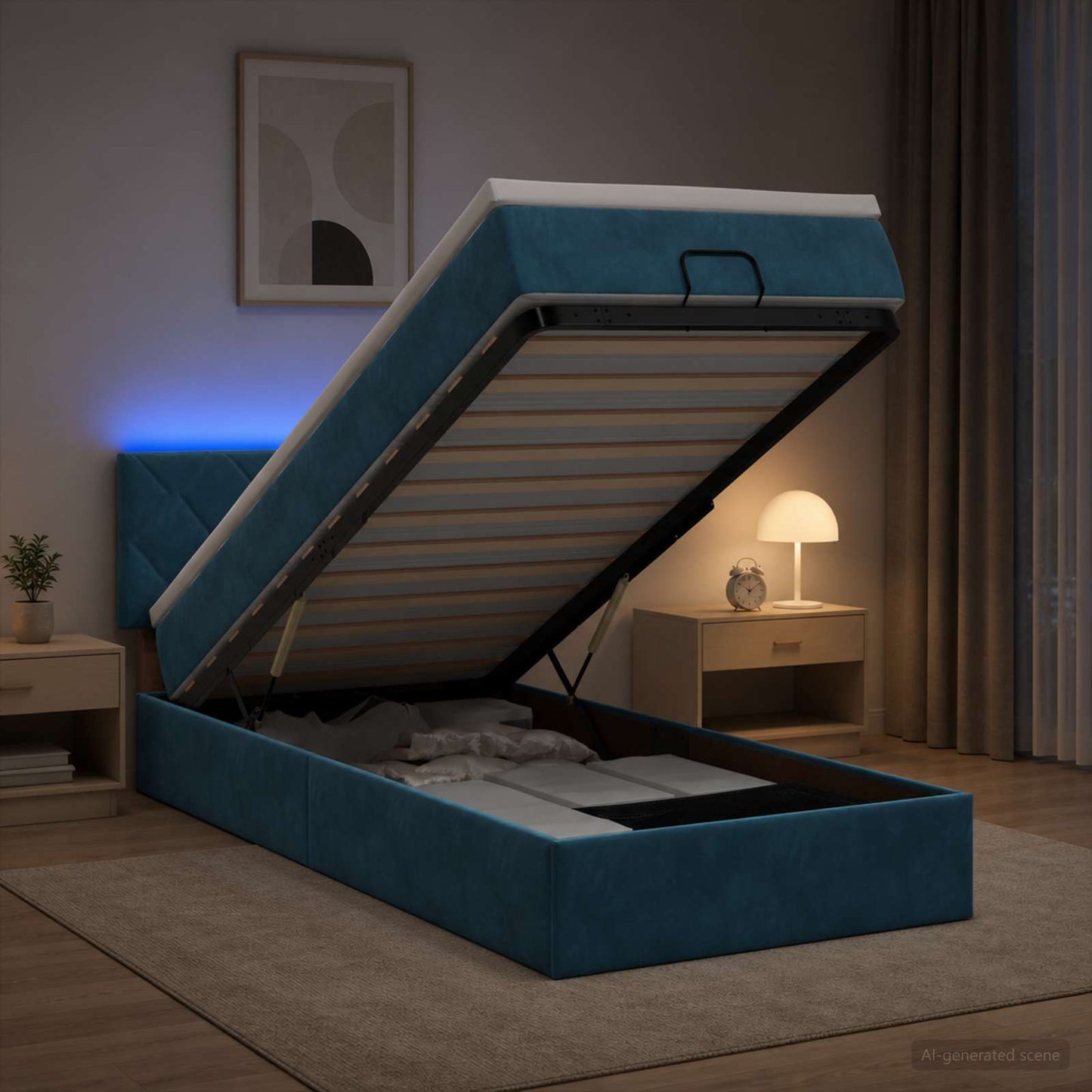 vidaXL Κρεβάτι Ottoman με Στρώμα και LED Σκούρο Μπλε 90 x 190 cm