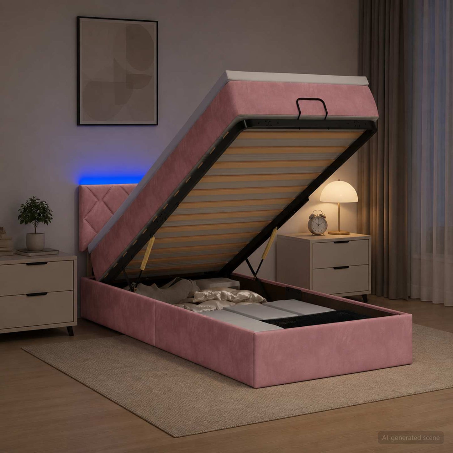 vidaXL Κρεβάτι Ottoman με Στρώμα και LED Ροζ 90 x 200 cm Βελούδο