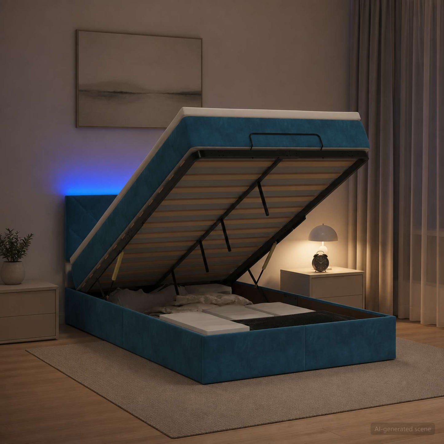 vidaXL Κρεβάτι Ottoman με Στρώμα και LED Σκούρο Μπλε 120 x 190 cm