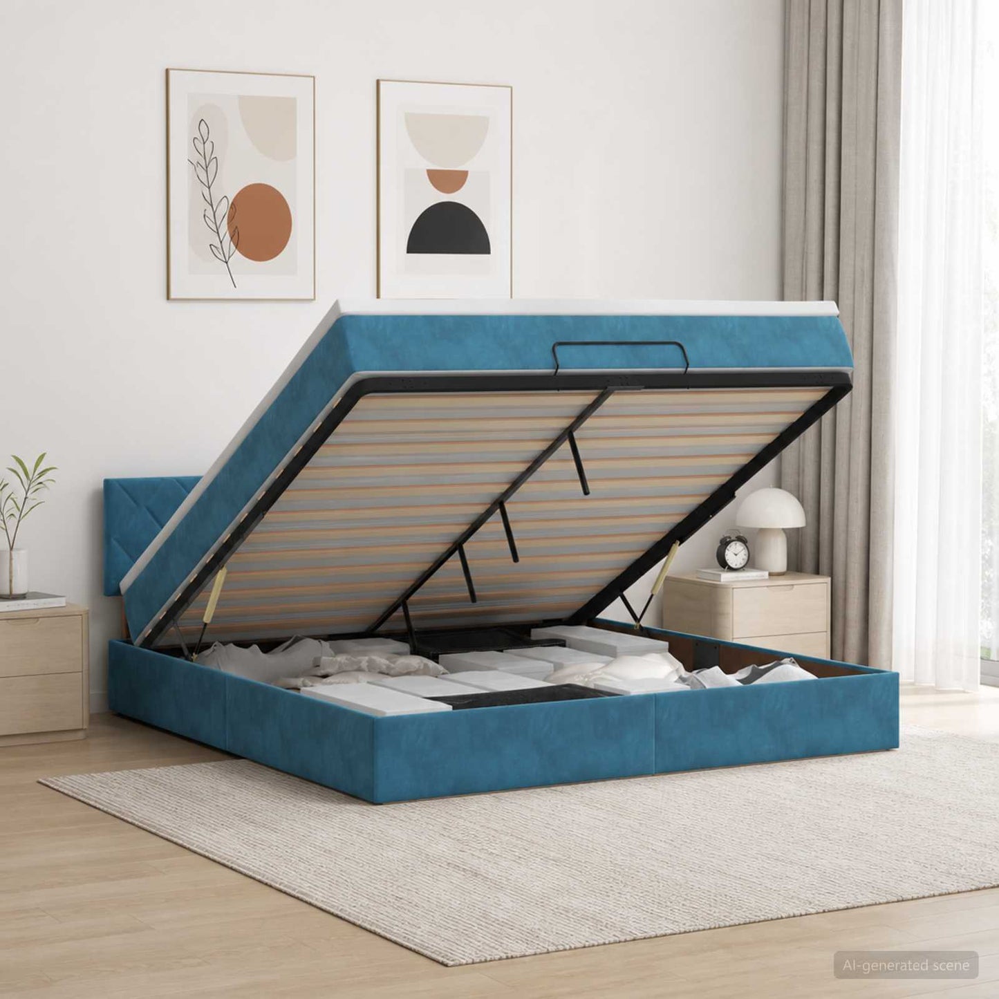 vidaXL Κρεβάτι Ottoman με Στρώμα και LED Σκούρο Μπλε 140 x 200 cm