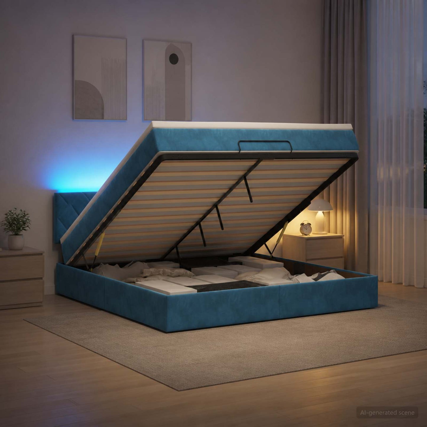 vidaXL Κρεβάτι Ottoman με Στρώμα και LED Σκούρο Μπλε 140 x 190 cm