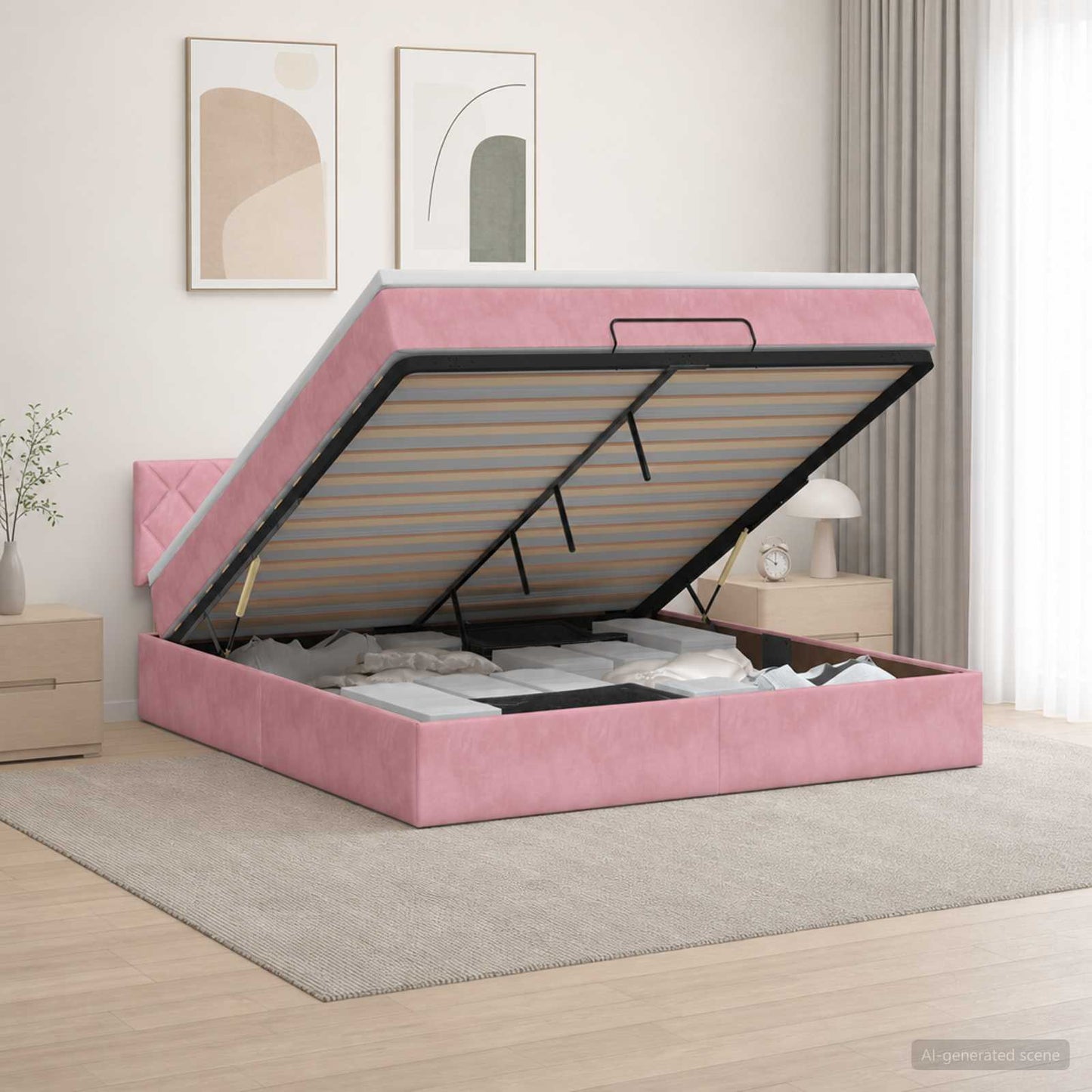 vidaXL Κρεβάτι Ottoman με Στρώμα και LED Ροζ 140 x 200 cm Βελούδο