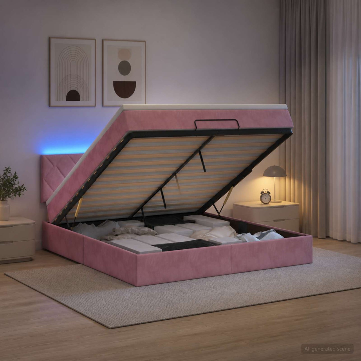 vidaXL Κρεβάτι Ottoman με Στρώμα και LED Ροζ 140 x 190 cm Βελούδο