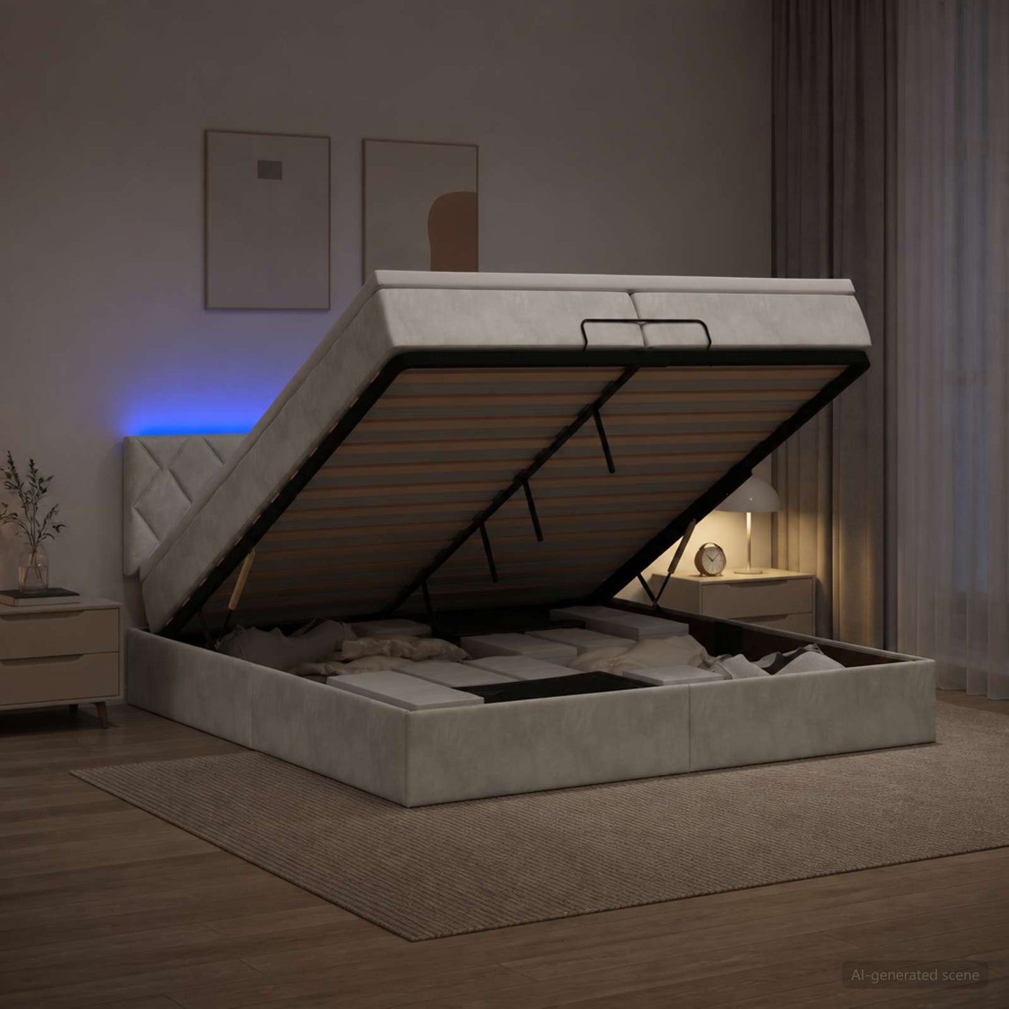 vidaXL Κρεβάτι Ottoman με Στρώμα και LED Ανοιχτό γκρι 200 x 200 cm