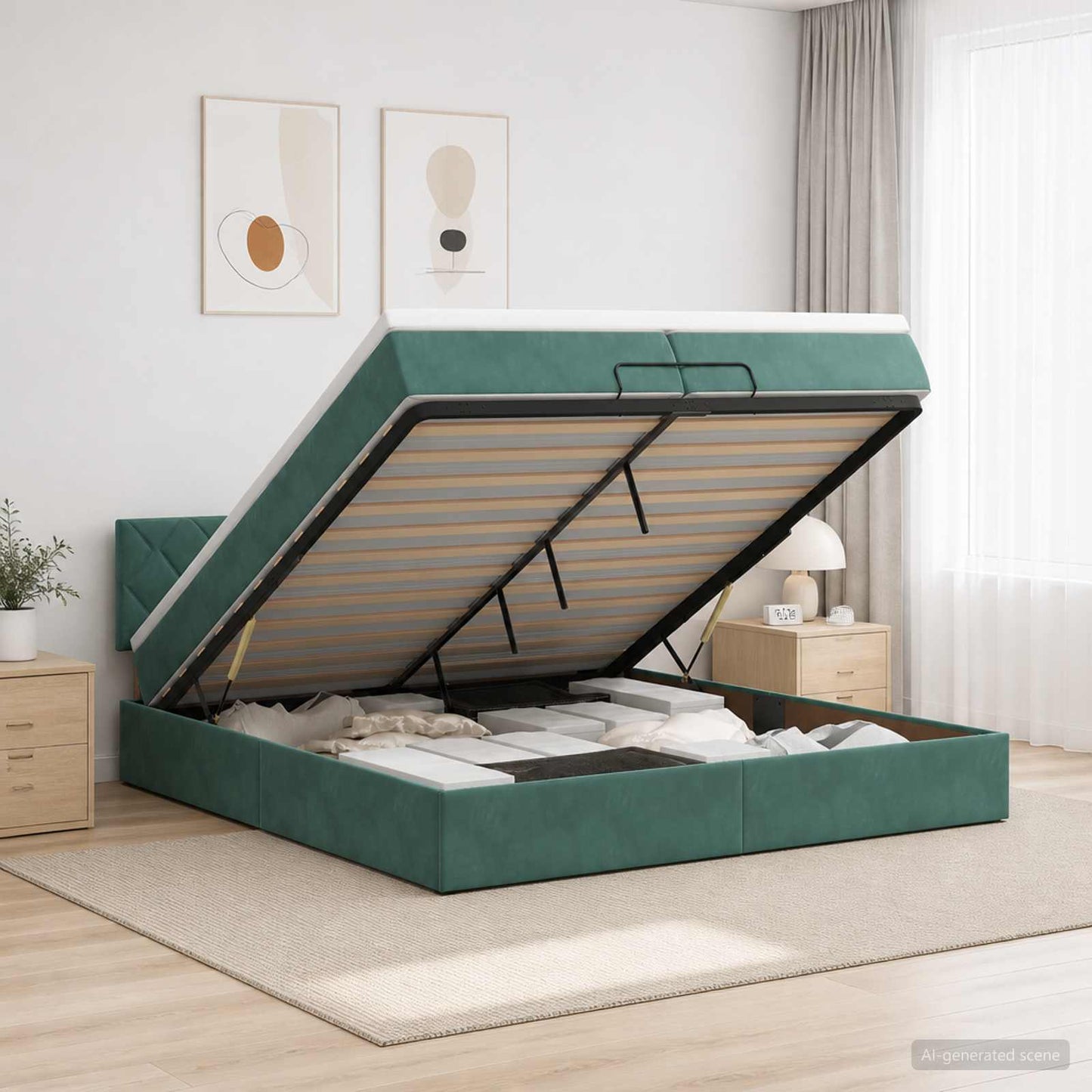 vidaXL Κρεβάτι Ottoman με στρώμα Σκούρο Πράσινο 200 x 200 cm Βελούδο