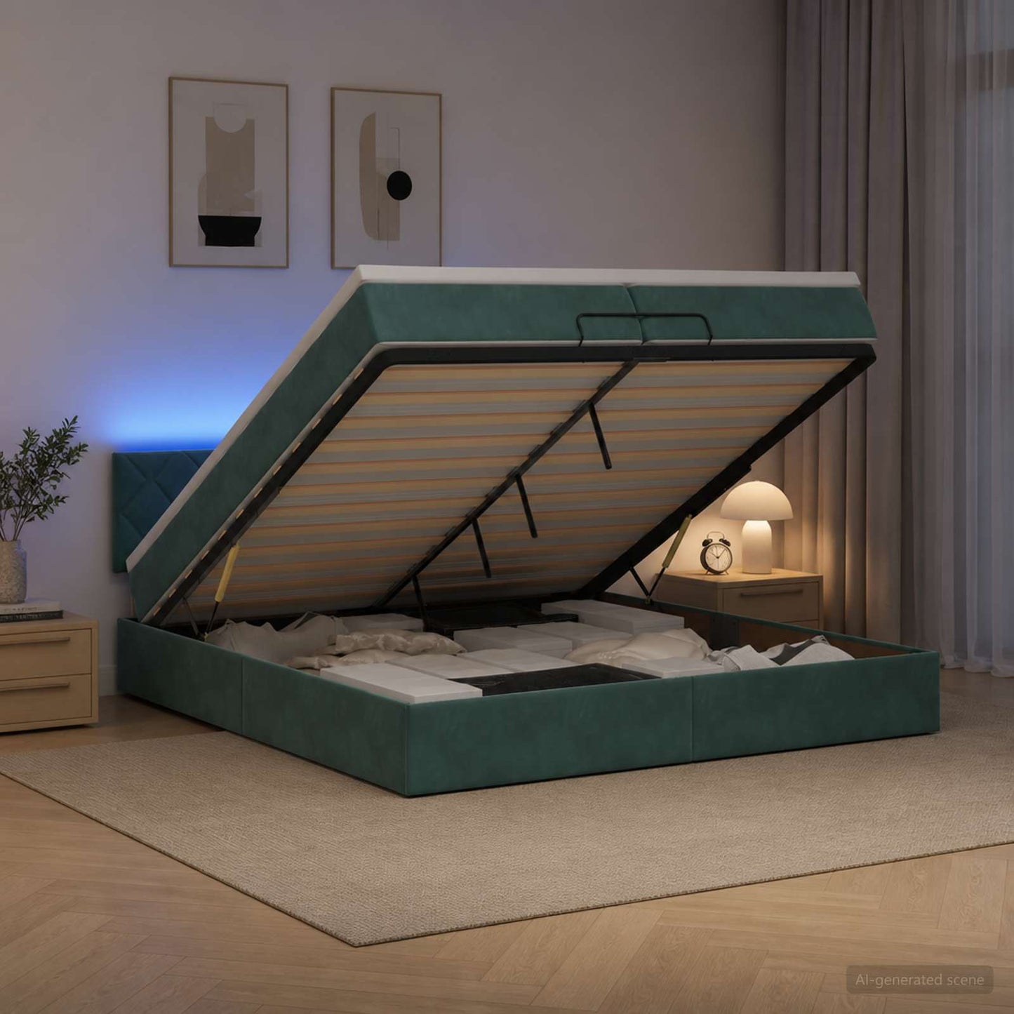 vidaXL Κρεβάτι Ottoman με Στρώμα και LED Σκούρο Πράσινο 200 x 200 cm