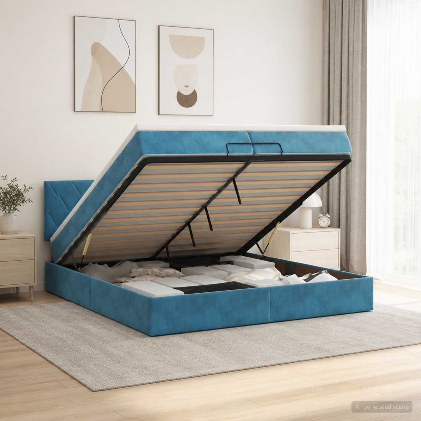vidaXL Κρεβάτι Ottoman με Στρώμα και LED Σκούρο Μπλε 200 x 200 cm