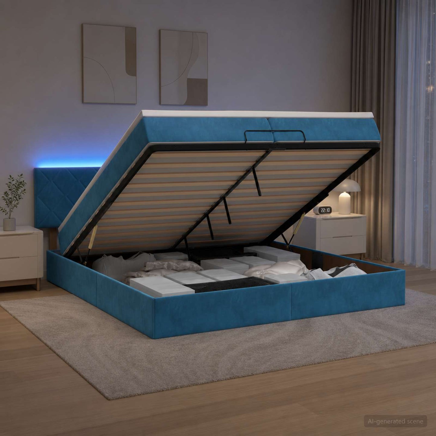 vidaXL Κρεβάτι Ottoman με Στρώμα και LED Σκούρο Μπλε 200 x 200 cm