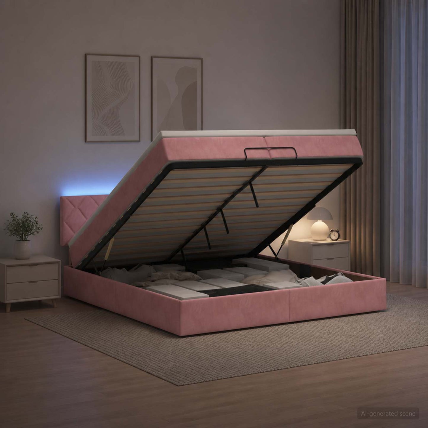 vidaXL Κρεβάτι Ottoman με Στρώμα και LED Ροζ 200 x 200 cm Βελούδο