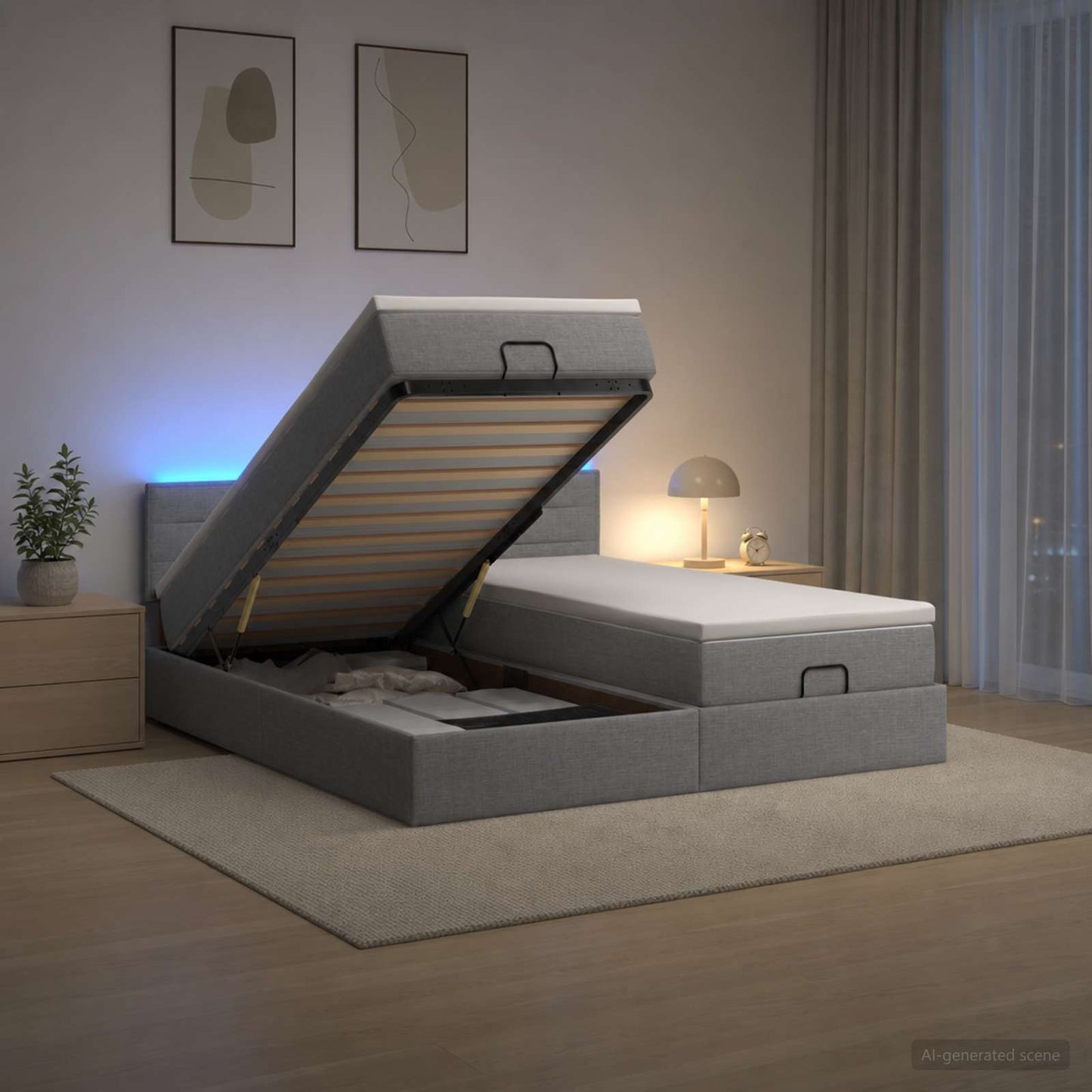 vidaXL Κρεβάτι Ottoman με Στρώμα και LED Ανοιχτό γκρι 200 x 200 cm