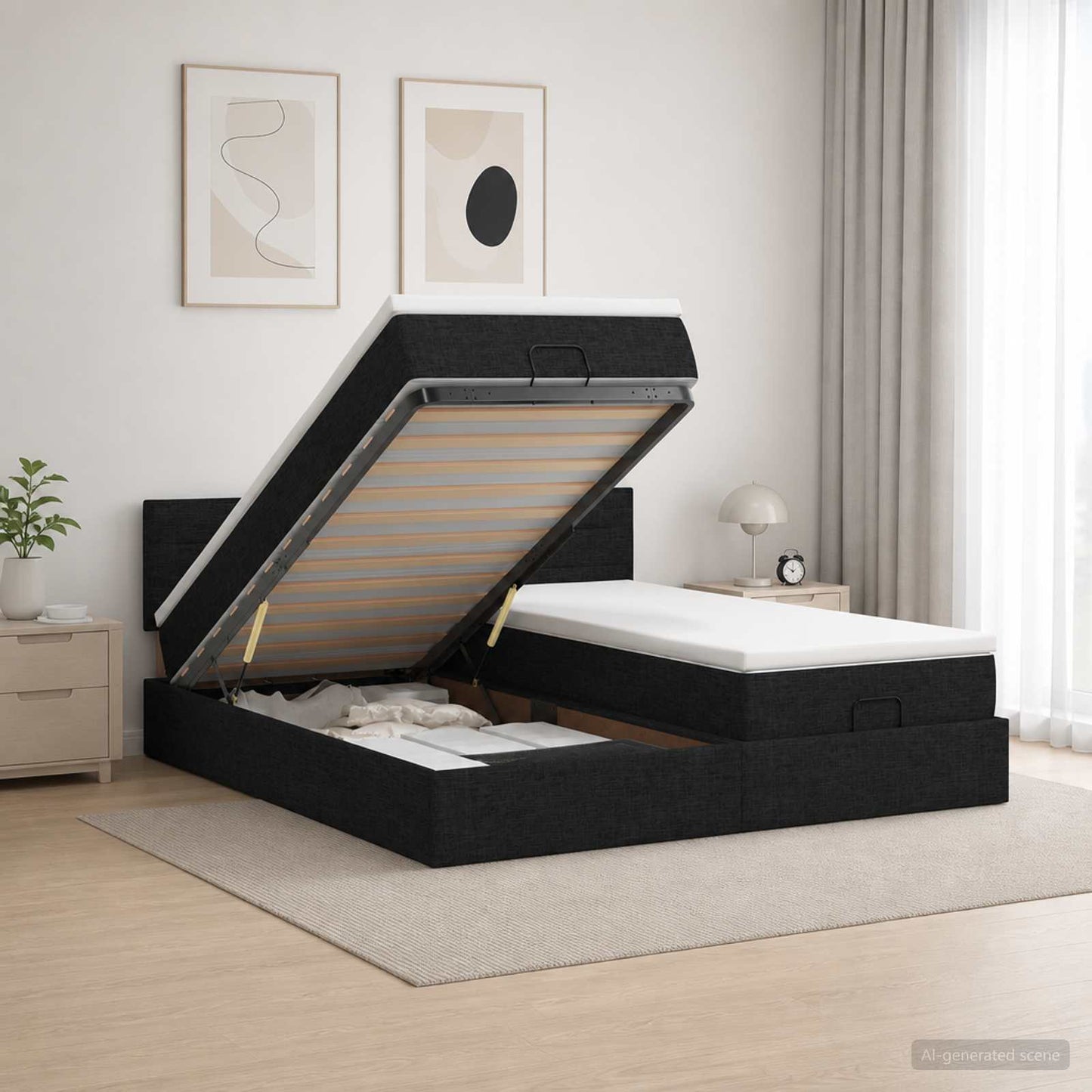 vidaXL Κρεβάτι Ottoman με Στρώμα και LED Μαύρο 180 x 200 cm Ύφασμα