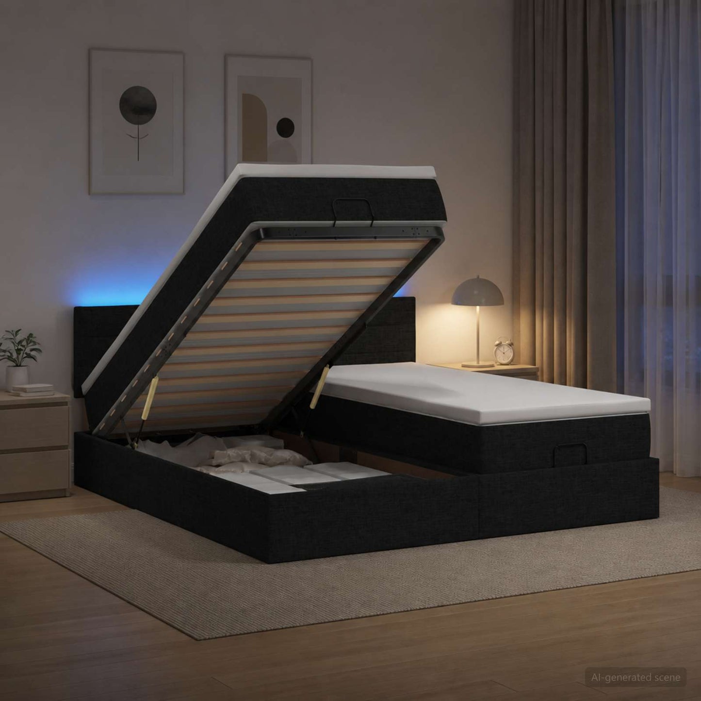 vidaXL Κρεβάτι Ottoman με Στρώμα και LED Μαύρο 160 x 200 cm Ύφασμα
