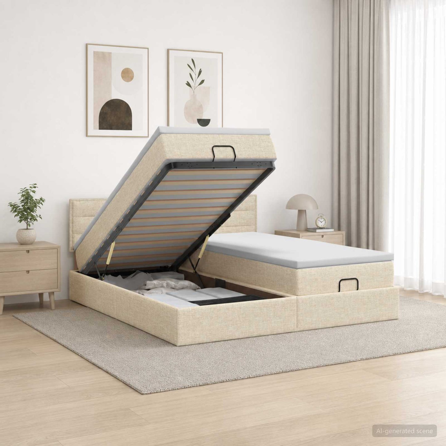 vidaXL Κρεβάτι Ottoman με στρώμα με κεφαλάρι 2 pcs Κρεμ Ύφασμα