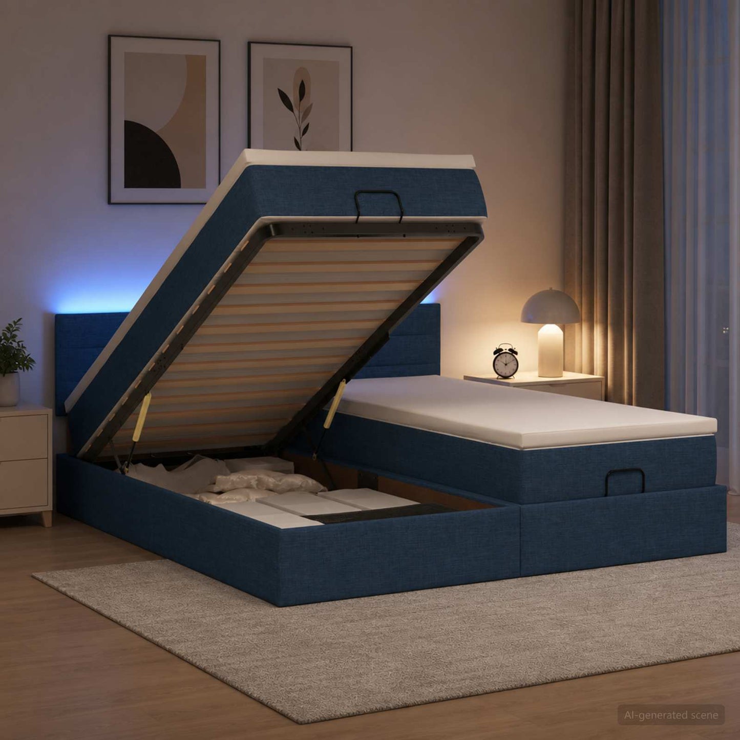 vidaXL Κρεβάτι Ottoman με Στρώμα και LED Μπλε 180 x 200 cm Ύφασμα