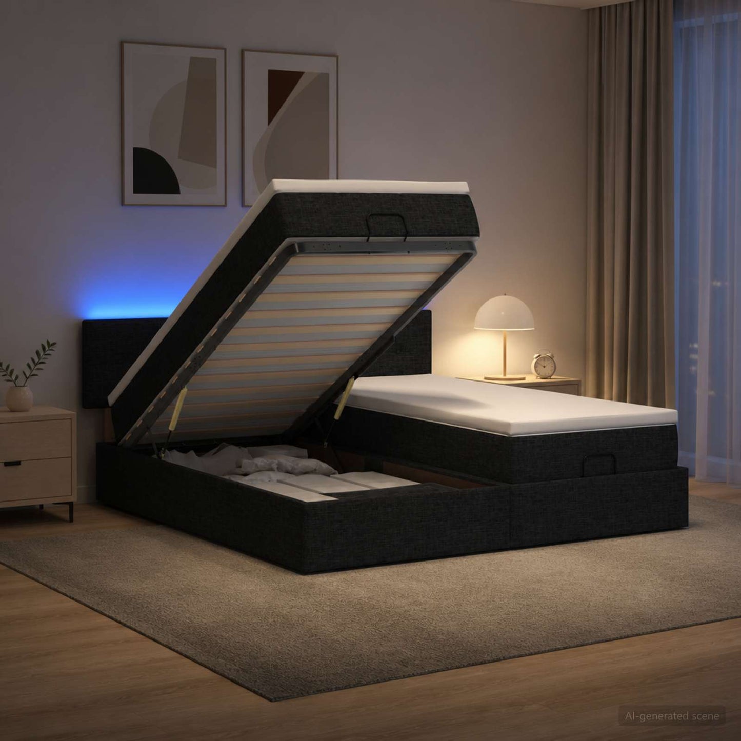 vidaXL Κρεβάτι Ottoman με Στρώμα και LED Μαύρο 200 x 200 cm Ύφασμα