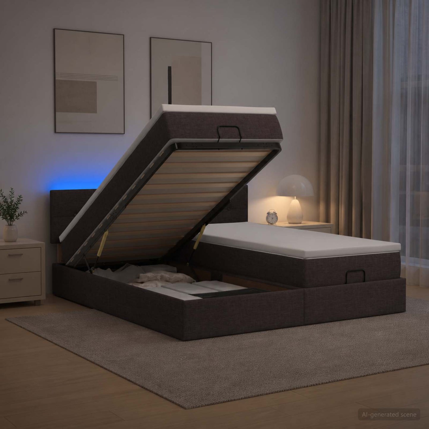 vidaXL Κρεβάτι Ottoman με Στρώμα και LED Σκούρο Καφέ 160 x 200 cm